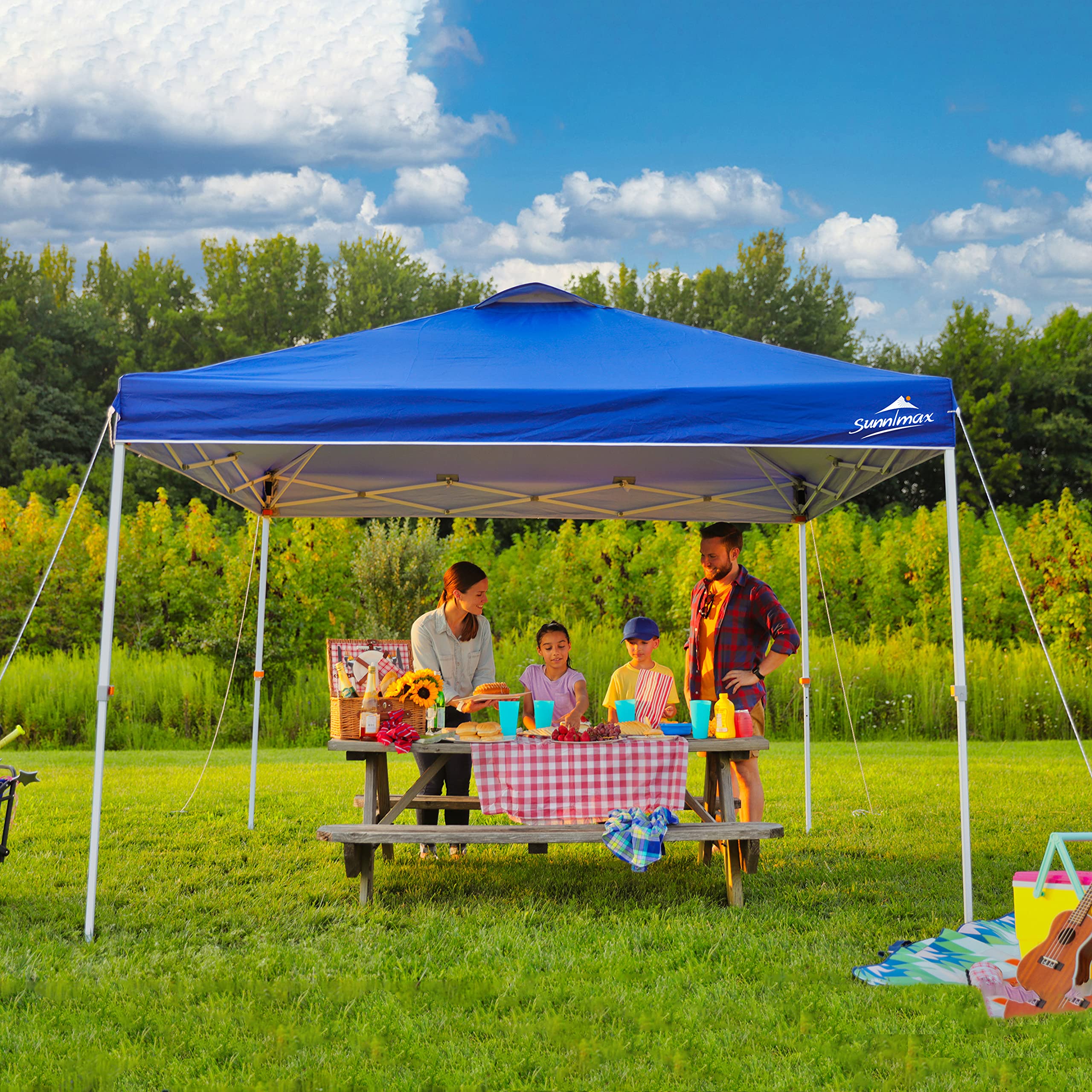 10x10FT Blue Pop Up Canopy Tent - Waterproof Portable Folding Shelter with Roller Bag & 4 Sand Bags - Perfect for Outdoor Parties, Tailgating, Camping, and Beach Events