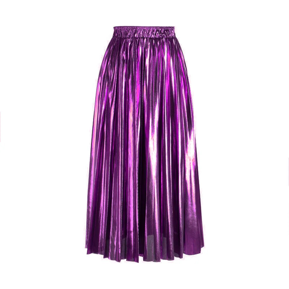 Elegant High Waist Pleated Midi Skirt for Women - Black, Silver & Gold Solid Colors | Perfect for Office, Party & Casual Wear