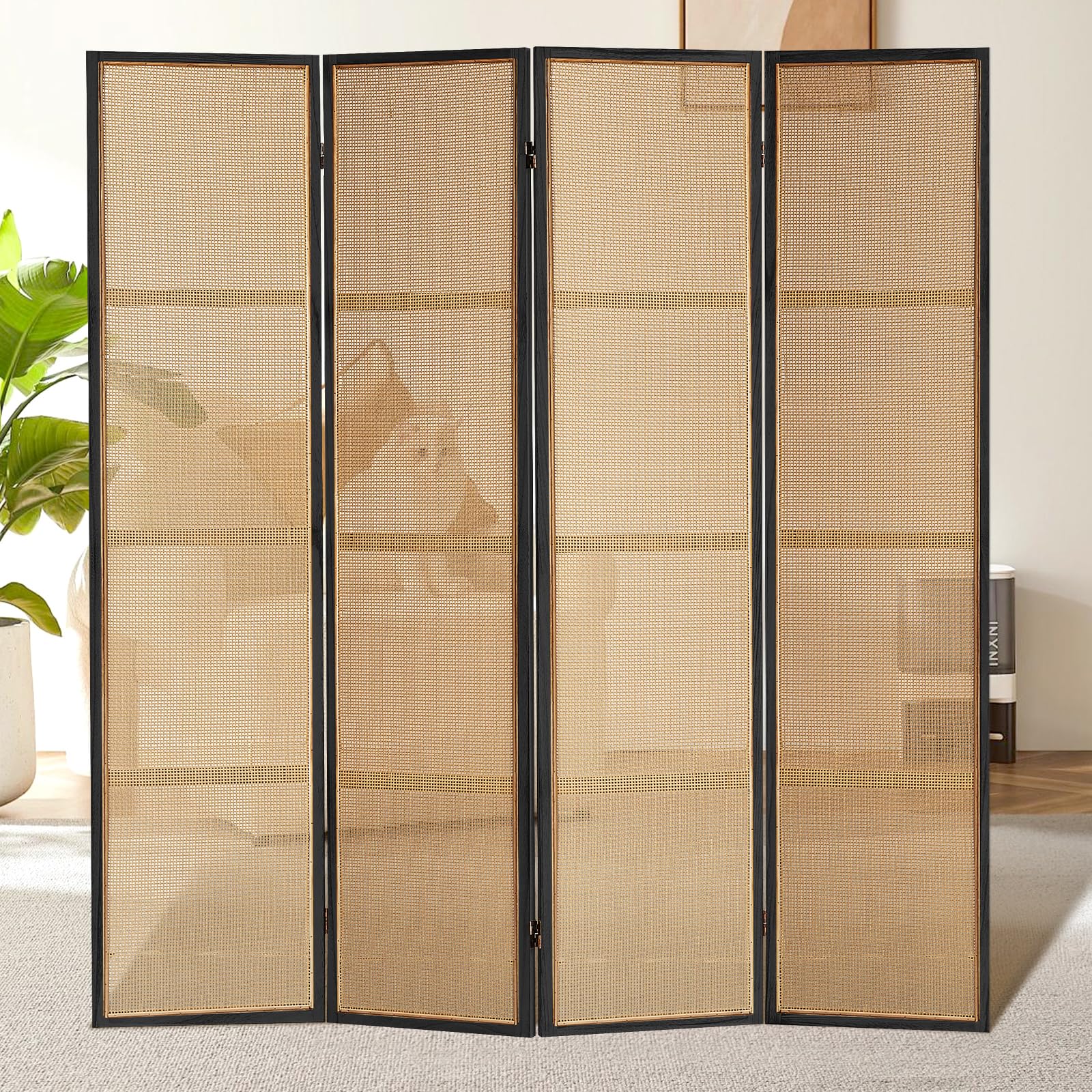 4 Panel Wood Room Divider - 5.6FT Foldable Privacy Screen with Hand-Woven Rattan Design - Freestanding Partition for Home Office, Bedroom, Restaurant & Indoor Decor (Black) - Perfect for Creating Private Spaces & Room Dividers