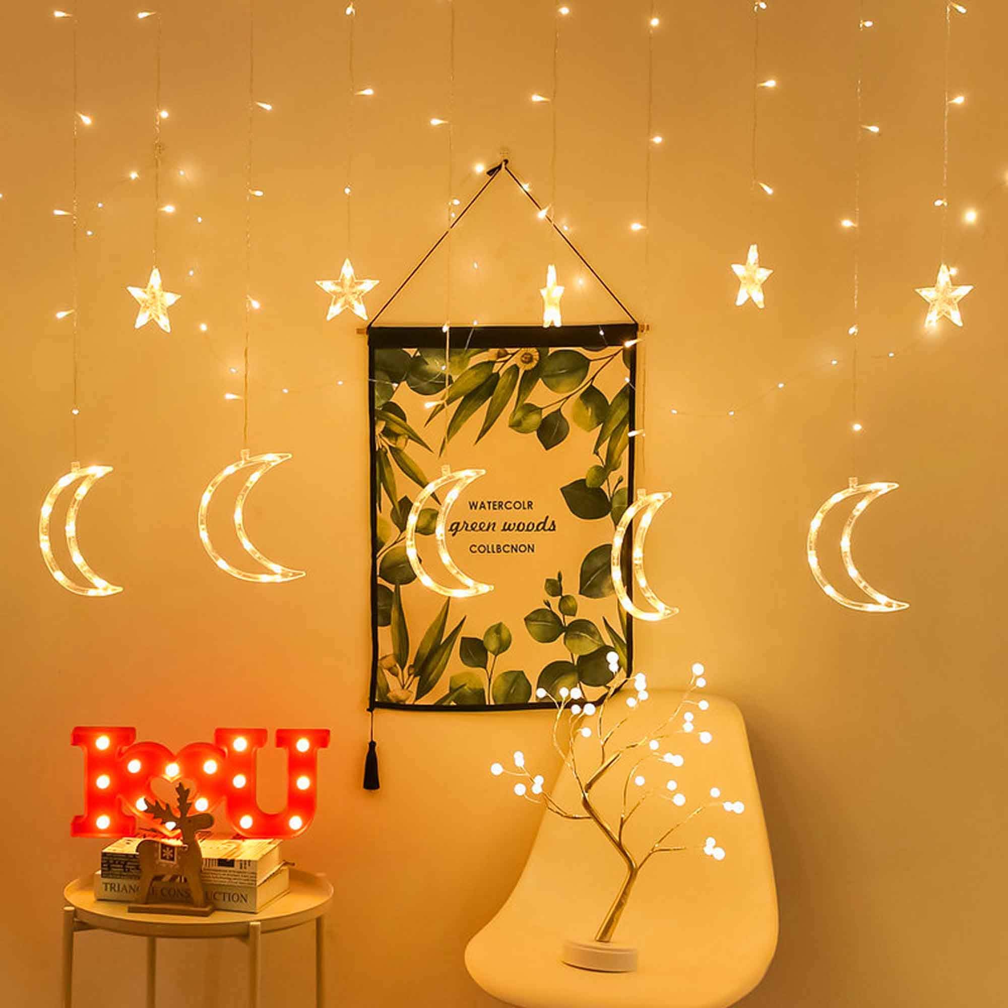 FUNPENY 138 LED Star Moon Curtain String Lights with Remote Control - 8 Modes Warm White Fairy Lights for Bedroom, Wedding, Party Decor - Perfect for Indoor, Patio, Lawn & Ramadan Decoration
