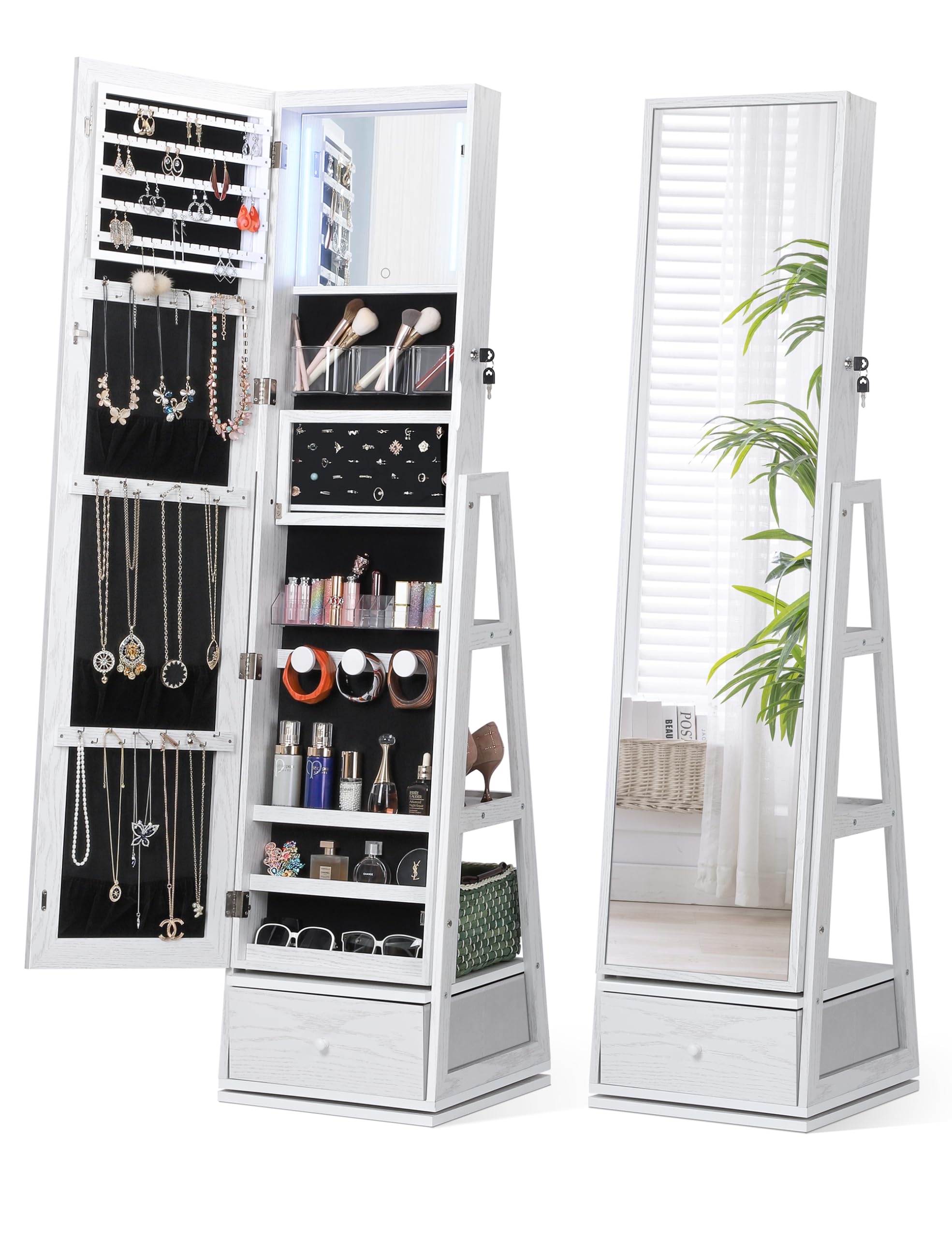 360° Swivel Jewelry Cabinet with LED Lights & Touch Screen Mirror - Rotating Full Length Vanity Mirror with Jewelry Storage Organizer, White Foldable Makeup Stand | Perfect for Bedroom, Dressing Room & Closet Organization