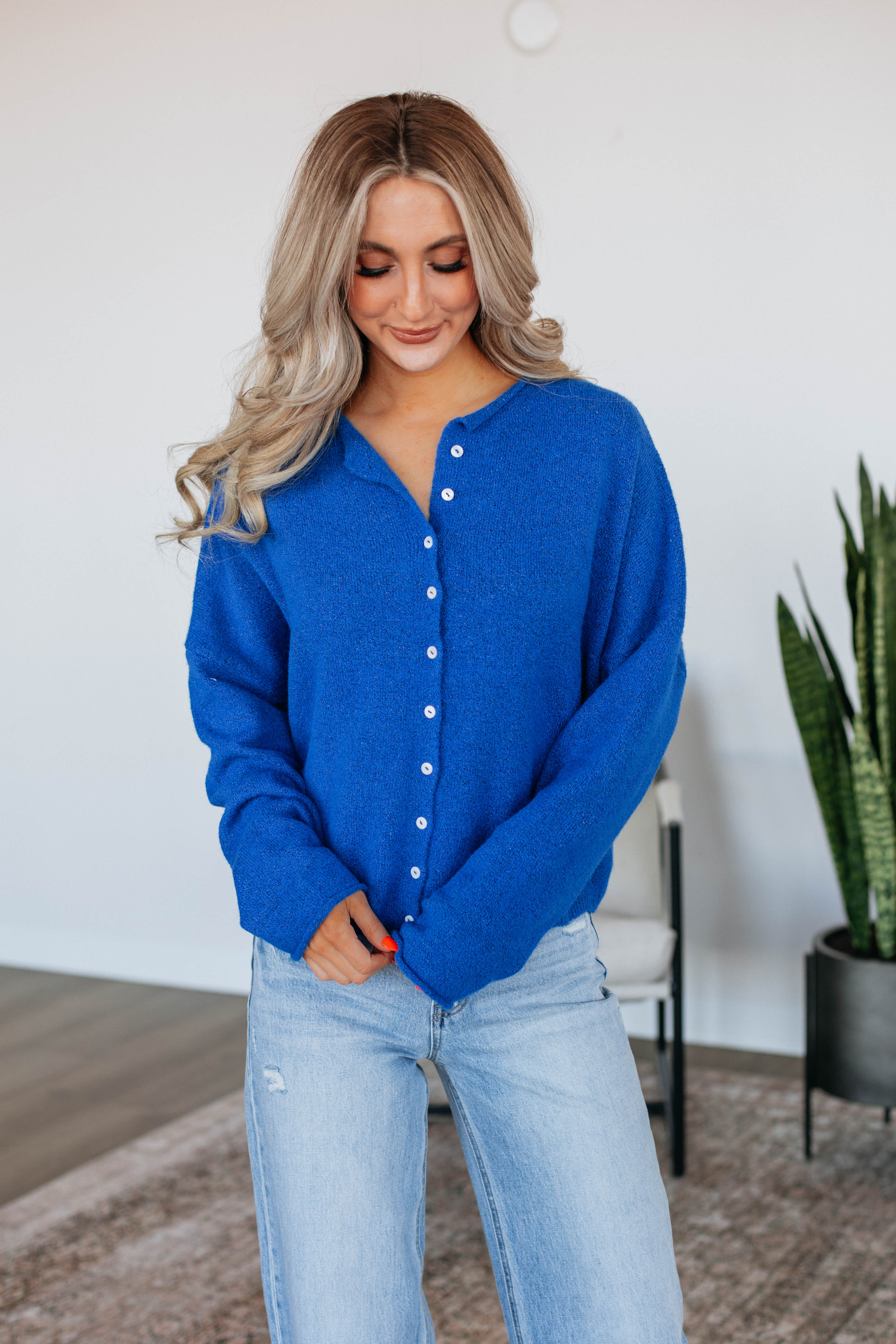 Brooke Cardigan Women's Cobalt Blue Knit Sweater - Perfect for Fall Layering & Casual Office Wear