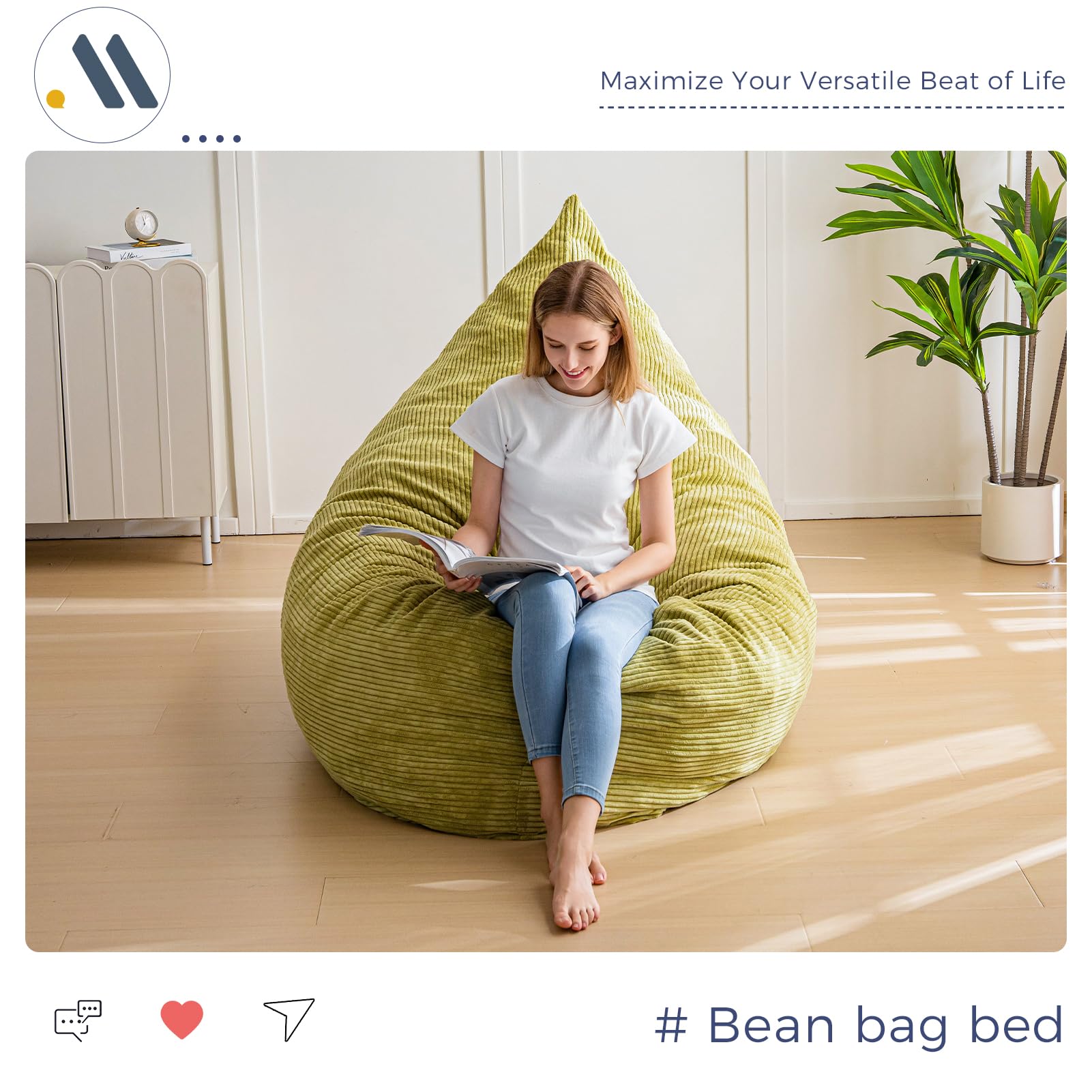 MAXYOYO 3-in-1 Bean Bag Chair - Giant Comfortable Pillow Lounger for Adults & Kids, Soft Green Fabric for Living Room, Bedroom, Dorm - Perfect for Relaxing, Gaming & Reading