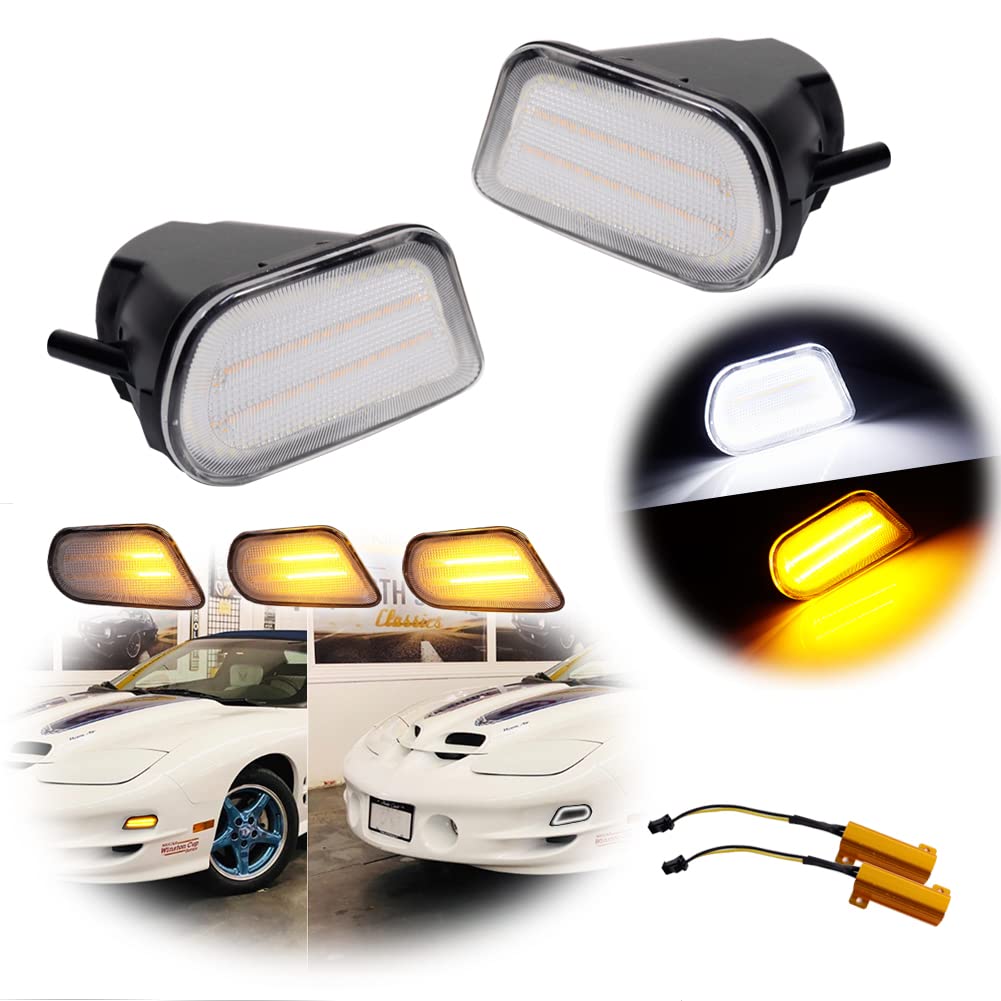 1998-2002 Pontiac Firebird Trans Am Clear Lens Switchback White/Amber LED Turn Signal Lights - DRL Corner Side Marker Parking Lamp Replacement for Enhanced Visibility & Style | Perfect for Night Driving & Car Customization
