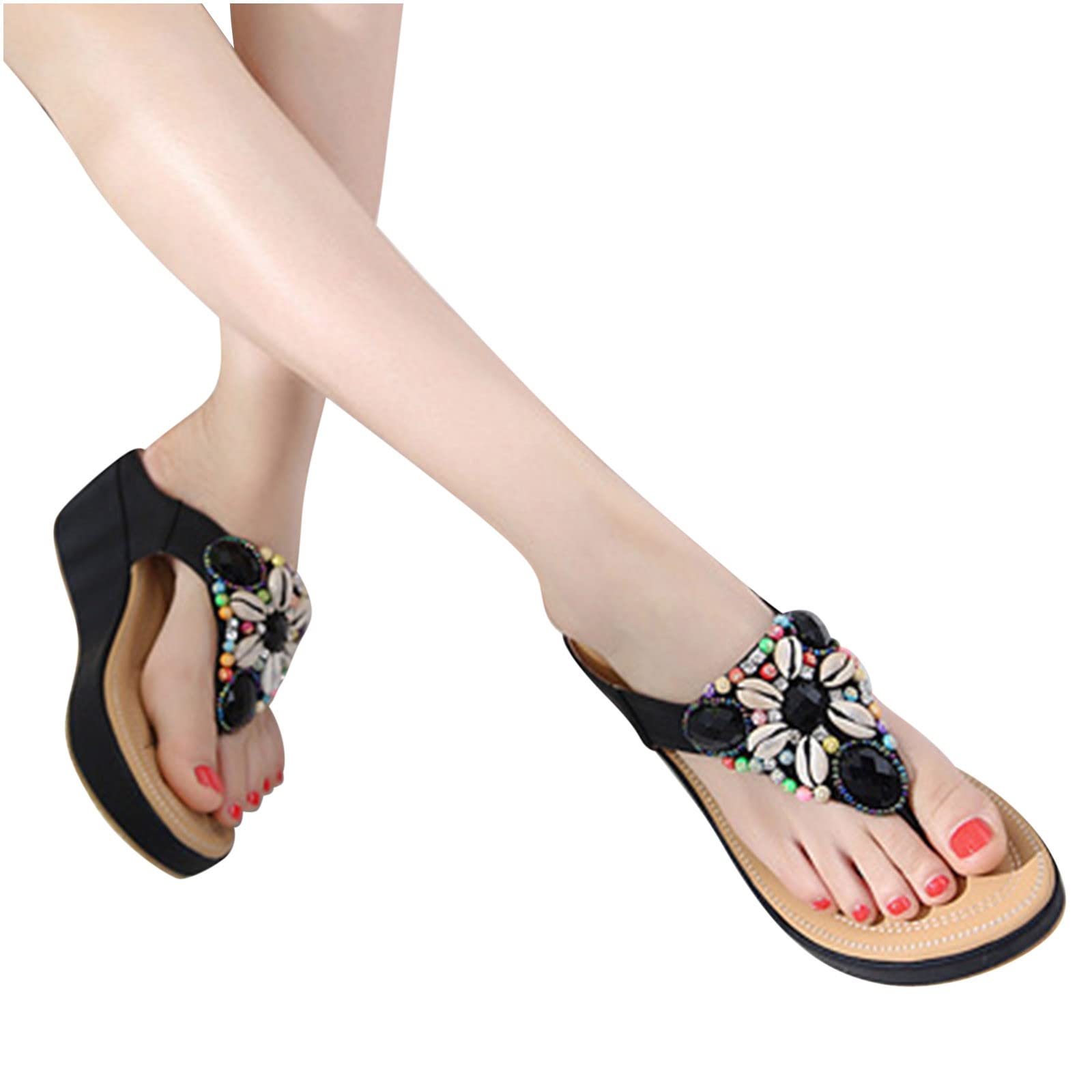 Women's Comfortable Wedge Flip Flop Sandals - Summer Casual Beaded Thong Slides with Chunky Platform for Outdoor Wear | Beach, Pool & Vacation Essentials