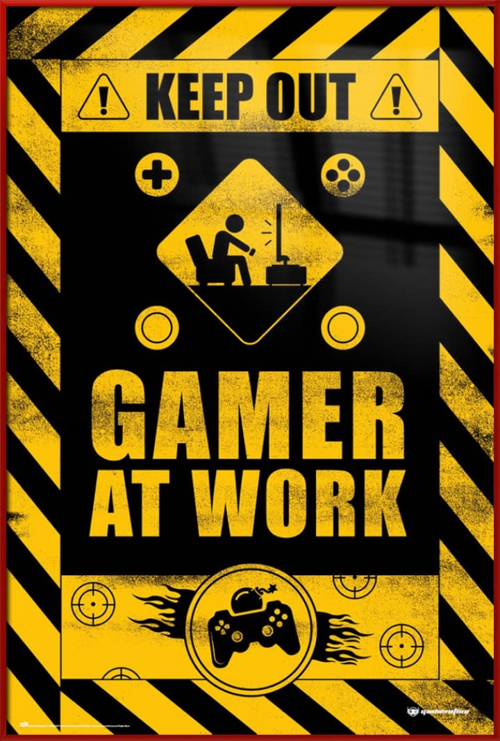 Keep Out: Gamer At Work - Premium Framed Gaming Poster 24x36 Inches - Perfect for Gaming Room, Man Cave & Office Decor