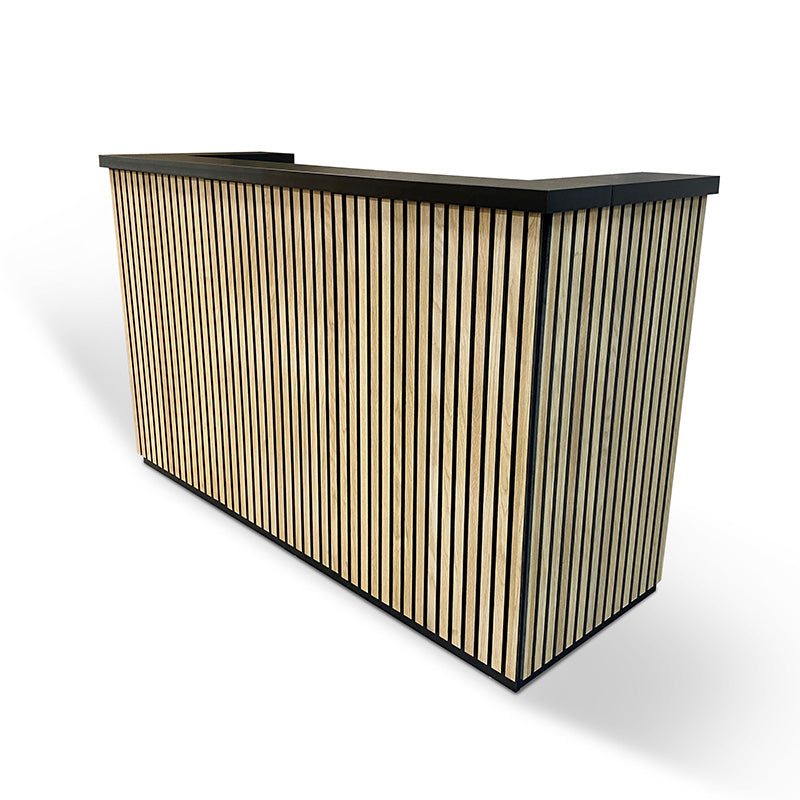 KENTO 180cm Modern Reception Desk with Timber Slat Acoustic Panel in Black & Oak - Perfect for Office Lobby, Hotel Front Desk, and Corporate Waiting Areas