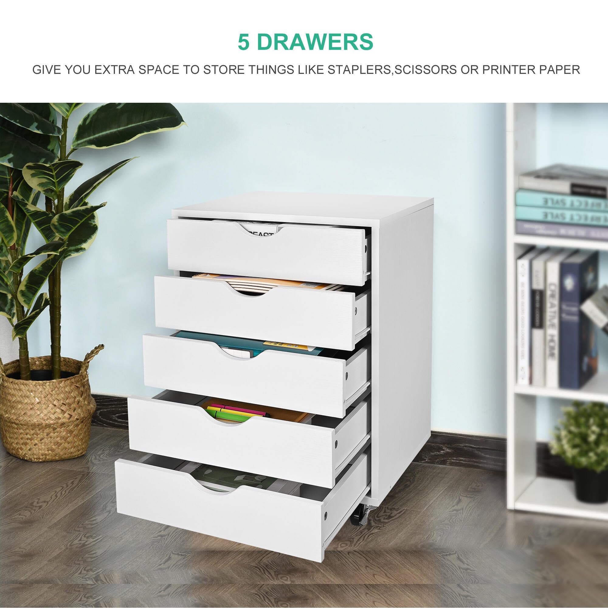 5-Drawer Vertical File Cabinet with Wheels - White Home Office Storage for Files, Folders & A4 Documents | Under Desk Filing Solution for Small Spaces & Organization