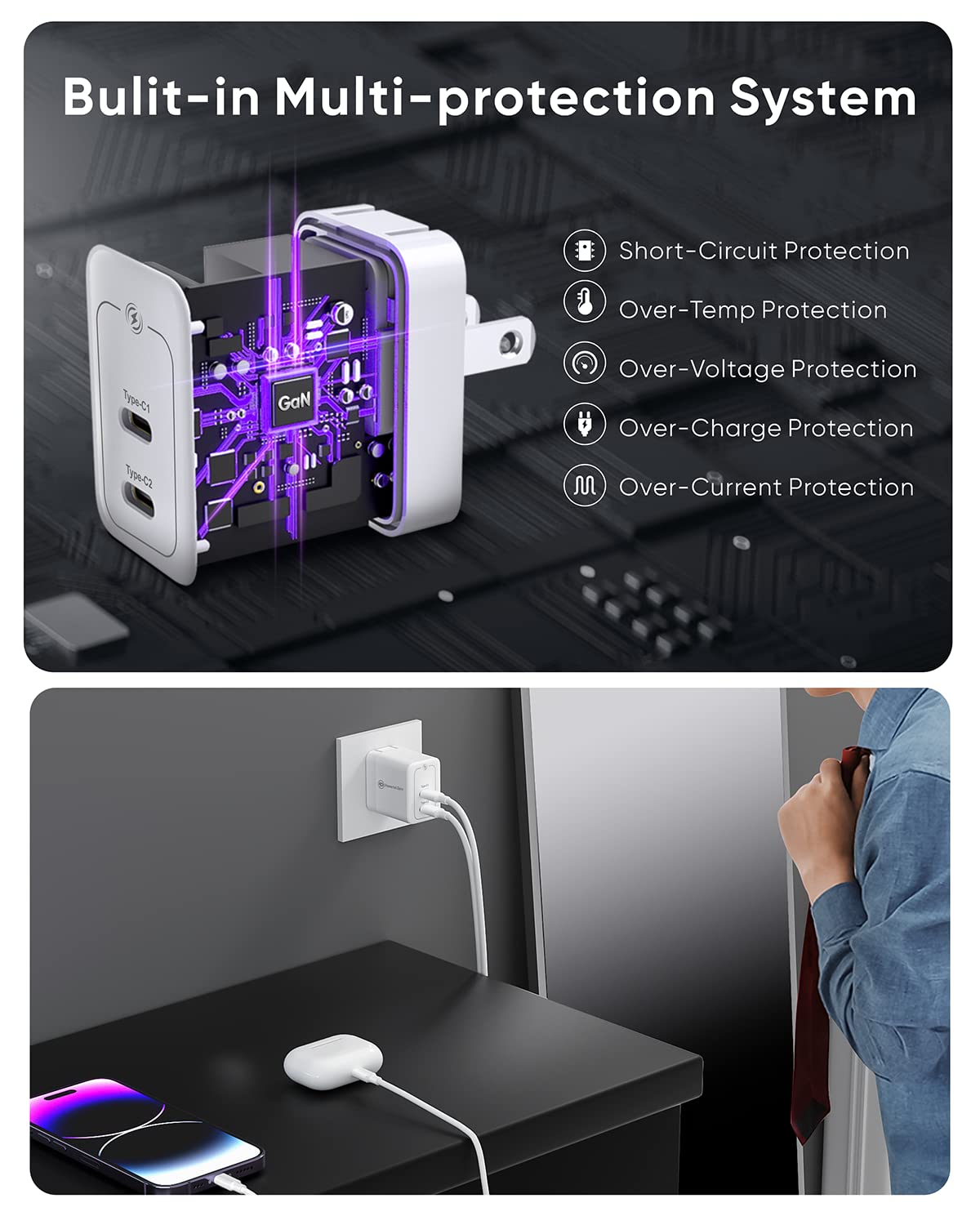 35W Dual USB C GaN Fast Charger - PPS PD 3.0 Foldable Wall Adapter for iPhone 14/13/12 Pro Max, Galaxy S23, iPad, MacBook Air | Compact Travel Charger for Home, Office & Car