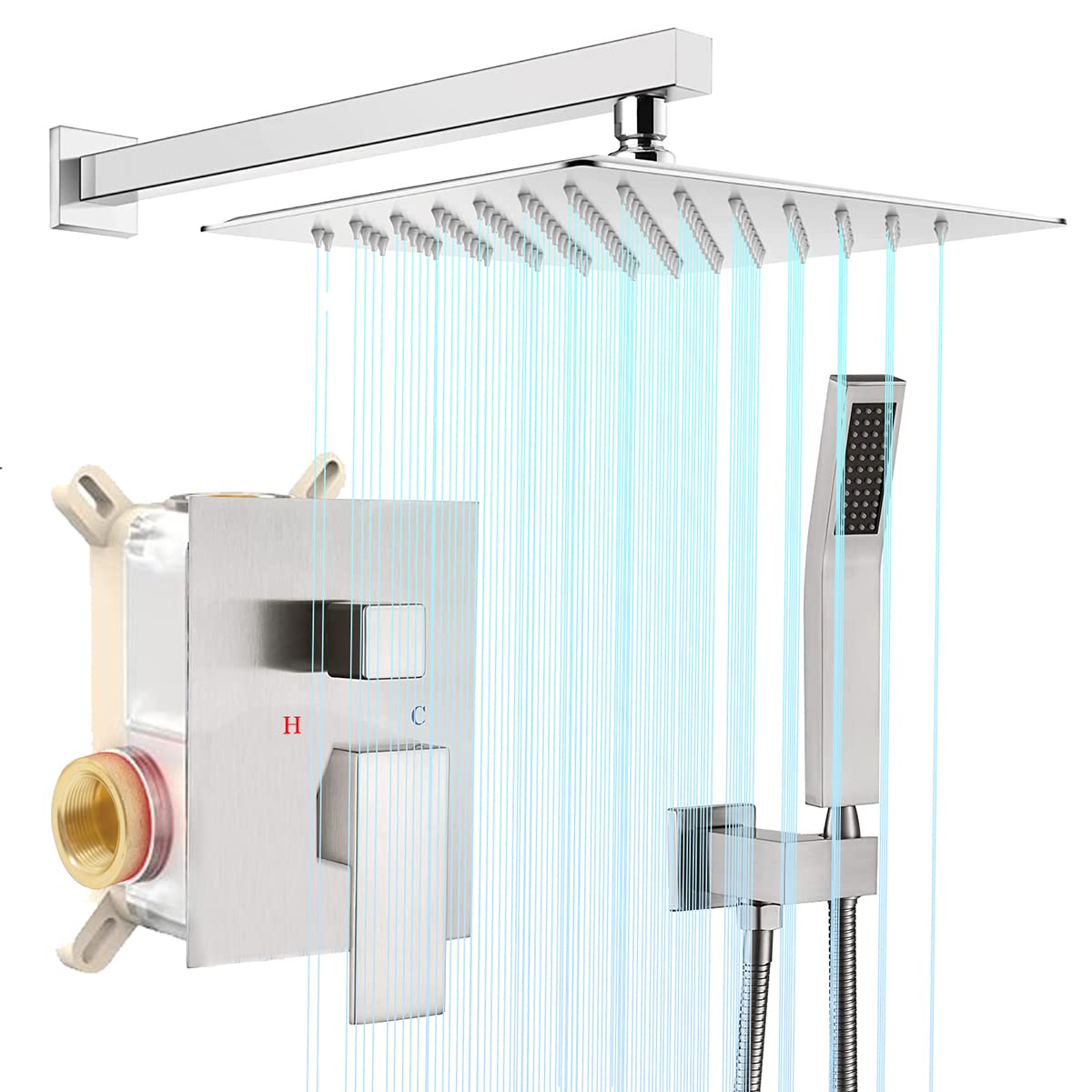 BARONAGE 12 Inch Rainfall Shower System - Wall Mounted Square Mixer Shower Combo Set with Handheld Shower Head, Holder, Rough-in Valve & Trim Kit in Brushed Nickel - Perfect for Modern Bathroom Renovation & Spa-Like Shower Experience