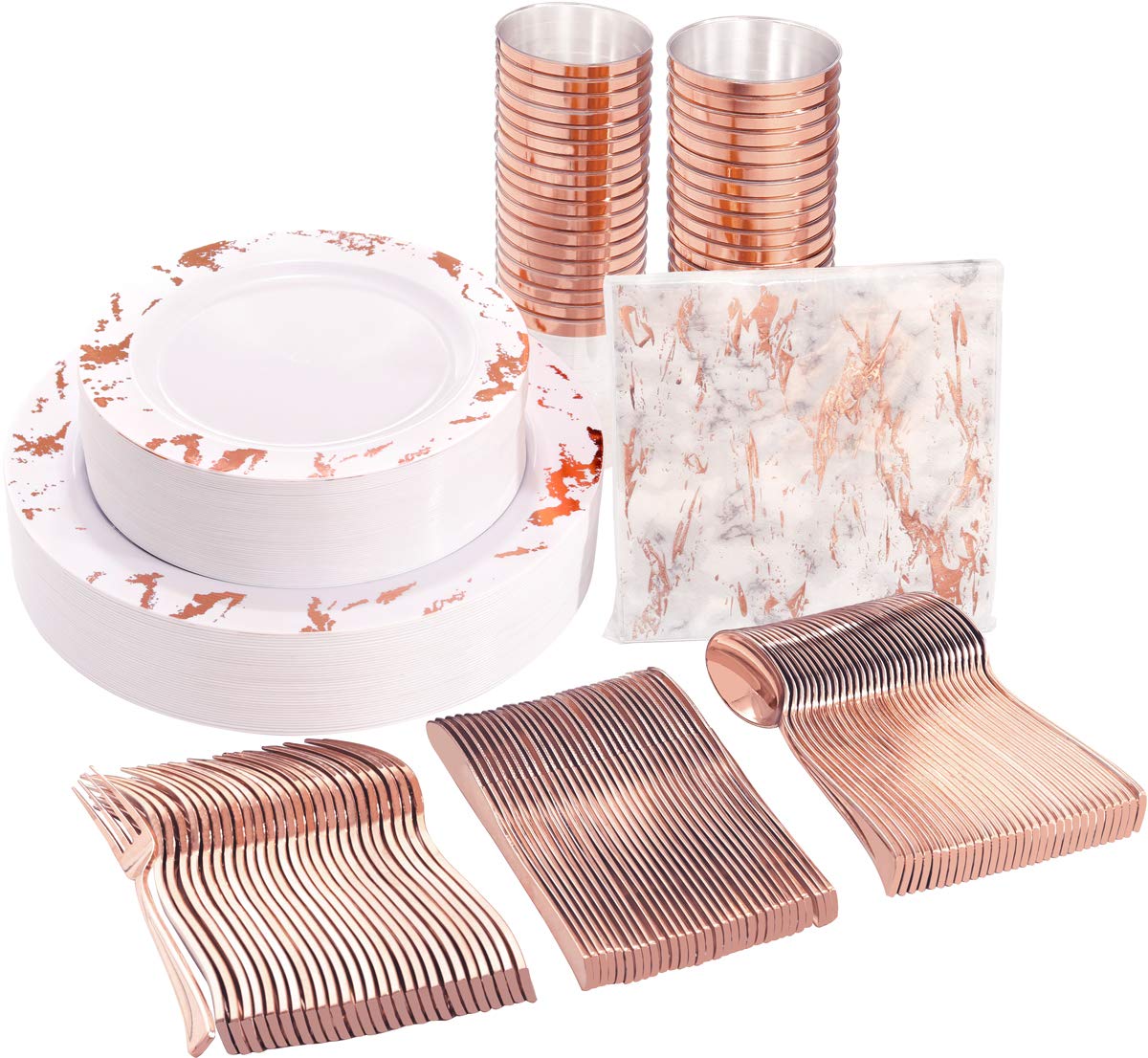 175-Piece Rose Gold Plastic Dinnerware Set - Disposable Marble Plates, Cutlery & Cups for Wedding, Party & Events (25 Dinner Plates, 25 Dessert Plates, 25 Forks, 25 Knives, 25 Spoons, 25 Cups, 25 Napkins) - Elegant Table Setting for Bridal Showers, Baby Showers & Special Occasions