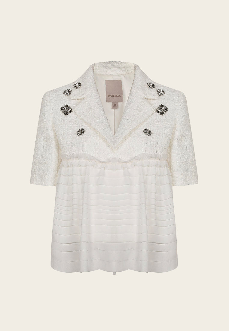 Elegant White Patchwork Rhinestone Embellished Tweed Chiffon Jacket for Women - Perfect for Parties, Weddings & Evening Events