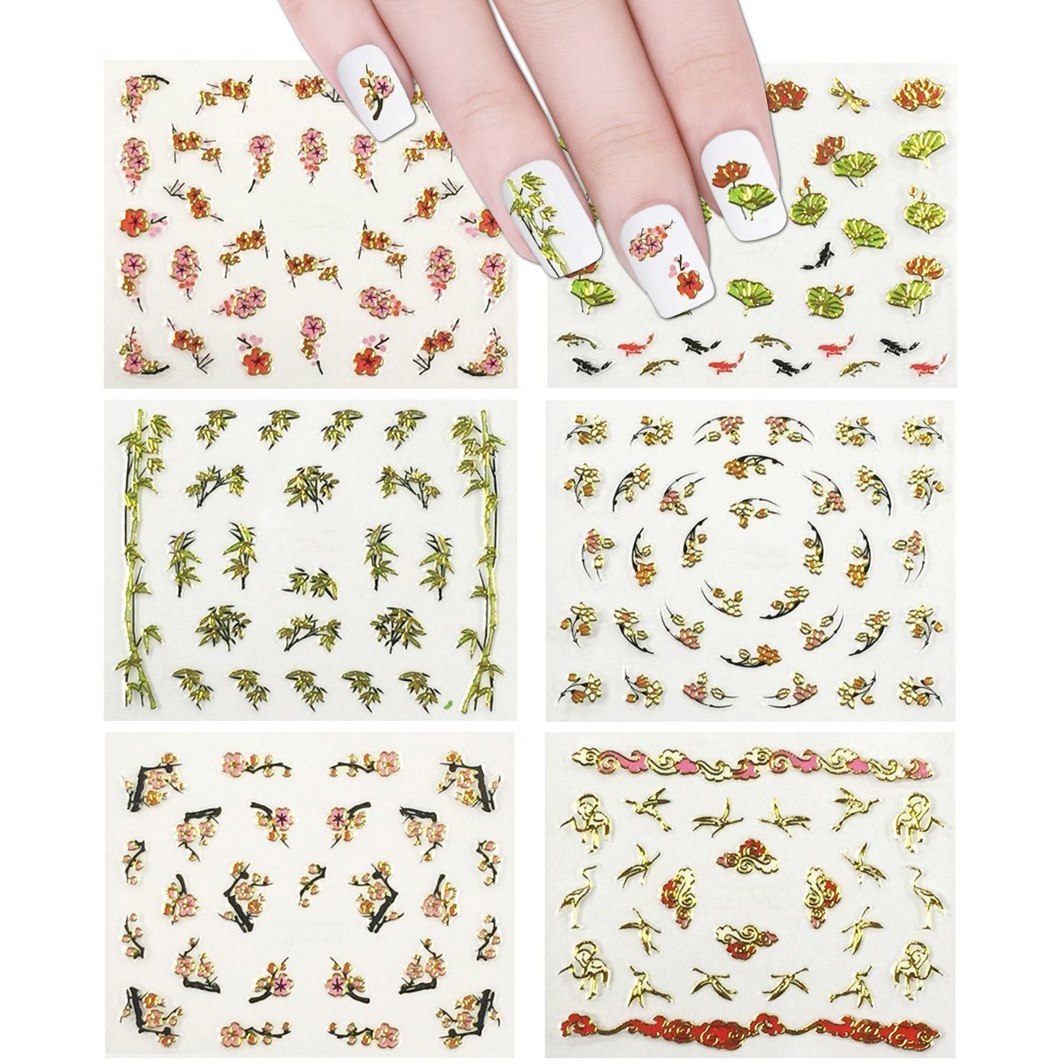 ALLYDREW 6 Sheets Japanese Cherry Blossom Nail Stickers Set - Floral Nail Art Decals with Bamboo, Gingko Leaves, Koi Fish, Dragonflies & Cranes (6 Designs) - Perfect for Spring Nails, DIY Manicures & Asian-Themed Parties