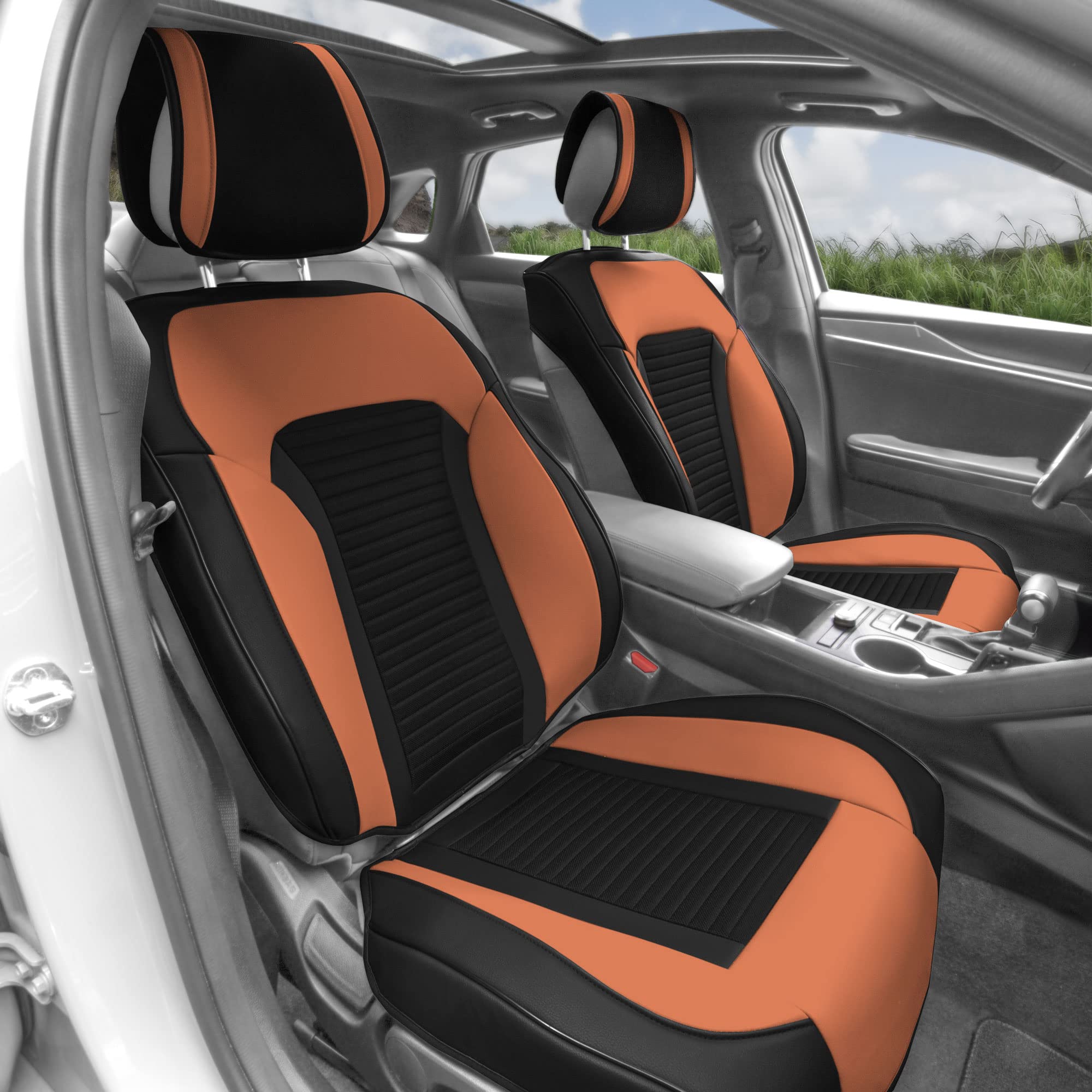 Premium Faux Leather Car Seat Covers - Universal Fit for Low Back Seats | FH Group Airbag Compatible Seat Cushions for SUV & Sedan (Brown) | Comfort & Protection for Daily Commute & Road Trips