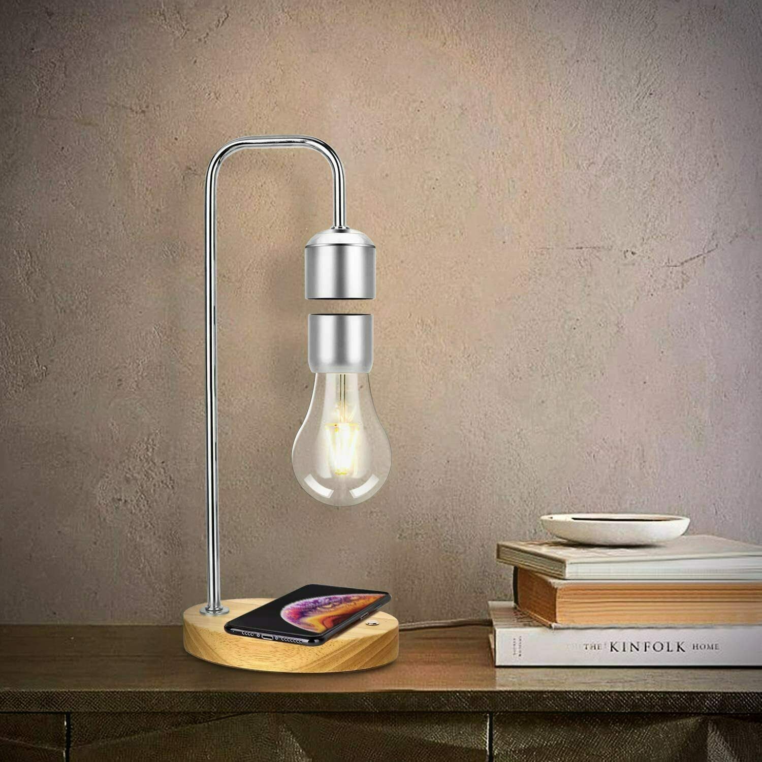 Unique Modern Levitating Lamp with Floating Light & Built-in Qi Wireless Charger - Minimalist Design, Warm Decorative Night Light (Silver Bulb) for Bedroom, Office & Home Decor