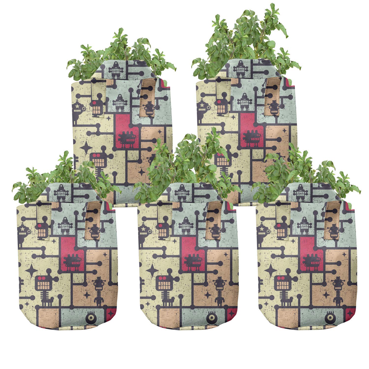 Ambesonne 5-Pack Heavy Duty 5 Gallon Fabric Grow Bags with Handles - Space Robots Grid Design Plant Pots for Indoor/Outdoor Gardening, Vegetables, Flowers & Herbs
