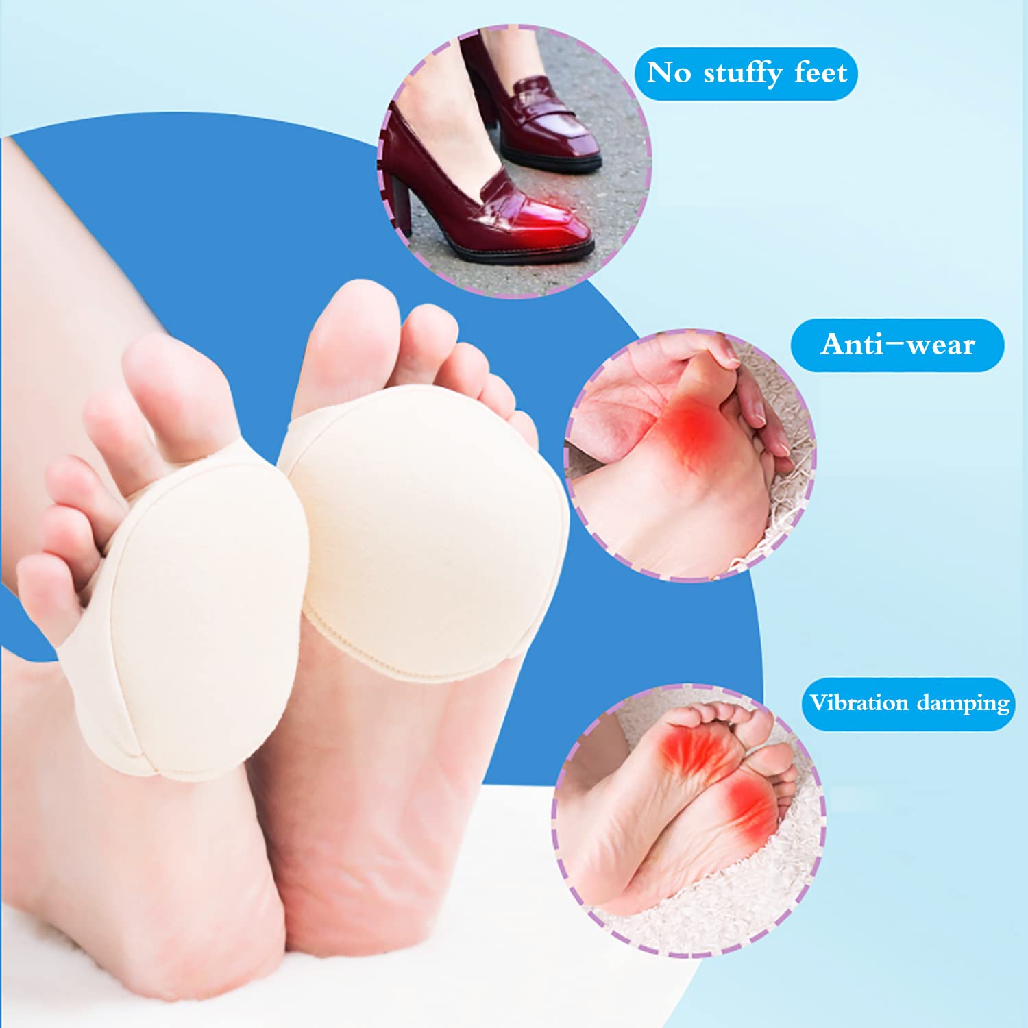 Honeycomb Metatarsal Pads for Women & Men - 6 Pairs Reusable Ball of Foot Cushions, Soft Invisible Socks for Pain Relief - Perfect for High Heels, Running & Daily Comfort