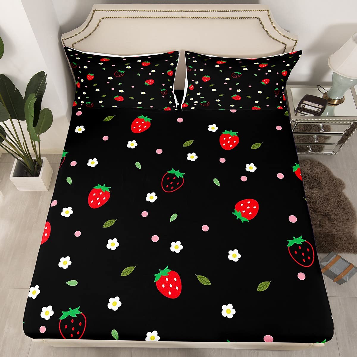 Strawberry Printed Fitted Sheet - Soft Microfiber Twin Size Bedding Set for Kids, Girls & Women - Cute Floral Cartoon Design - Kawaii Room Decor - Perfect for Bedrooms, Dorms & Sleepovers (Red & Black, No Top Sheet)