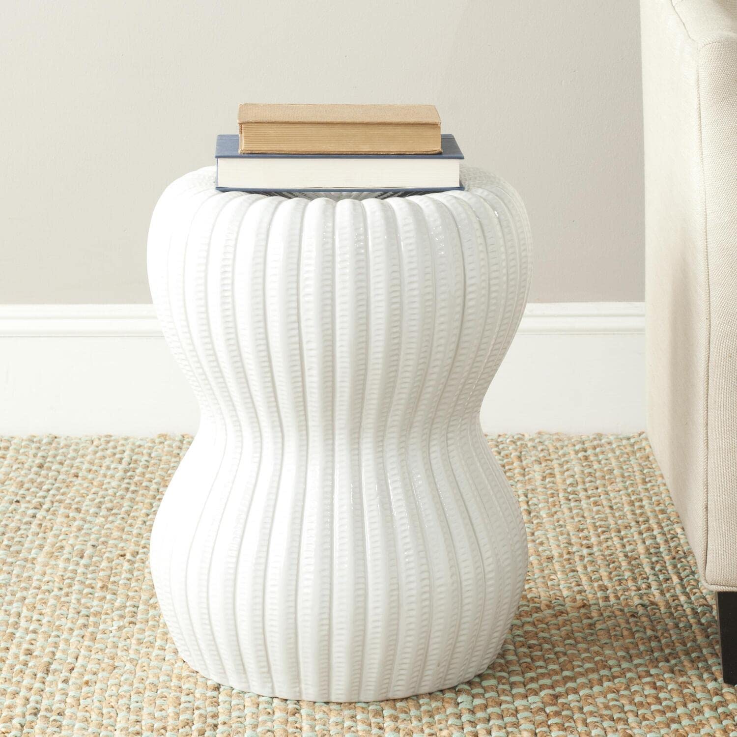 SAFAVIEH ACS4518A White Hourglass Ceramic Garden Stool - Outdoor Decorative Accent Piece for Patio, Porch, or Living Room Decor