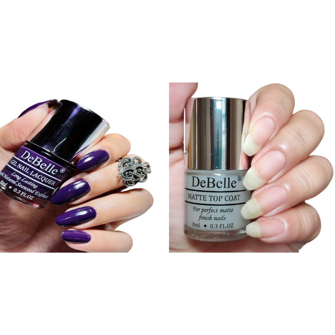 DeBelle Gel Nail Polish Set - 2 Pack with Royale Viola (Dark Violet) & Matte Top Coat - 16ml Total (8ml Each) | Chip-Resistant, No UV Light Needed | Perfect for Manicures, Pedicures & Nail Art Designs