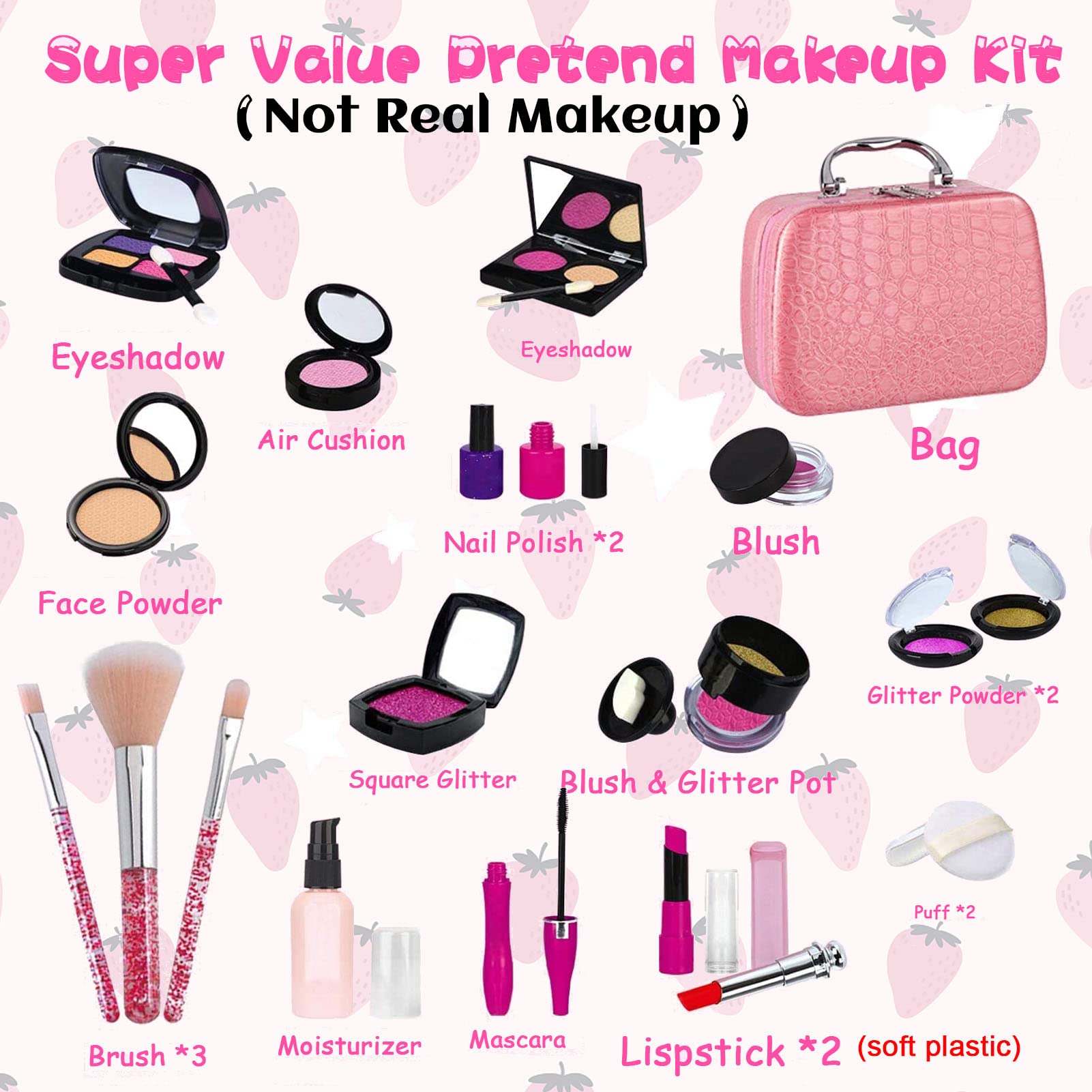 Fake Makeup Kit for Girls - Kids Cosmetic Toy Set with Bag - Birthday & Christmas Gift for Pretend Play