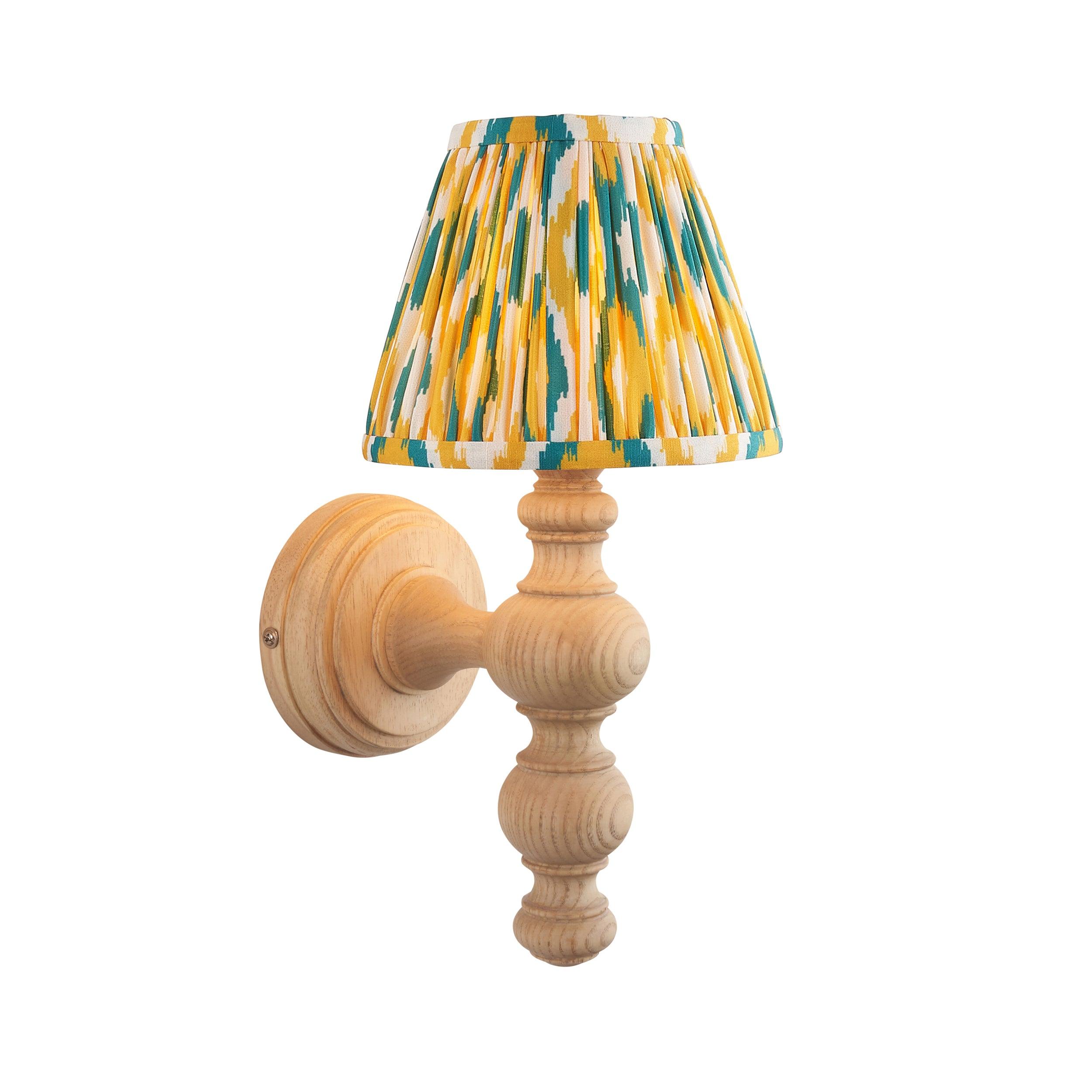 Bibury Wooden Wall Light with Ikat 16cm Yellow & Jade Shade - Handcrafted Boho Home Decor for Bedroom, Living Room & Hallway Lighting