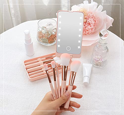 Mini Makeup Brushes Travel Set - Portable Capsule Brushes with LED Mirror, Multifunctional Eyebrow Brush, Eyeshadow & Blush Brush for On-the-Go Makeup | Perfect for Travel, Gym & Touch-Ups