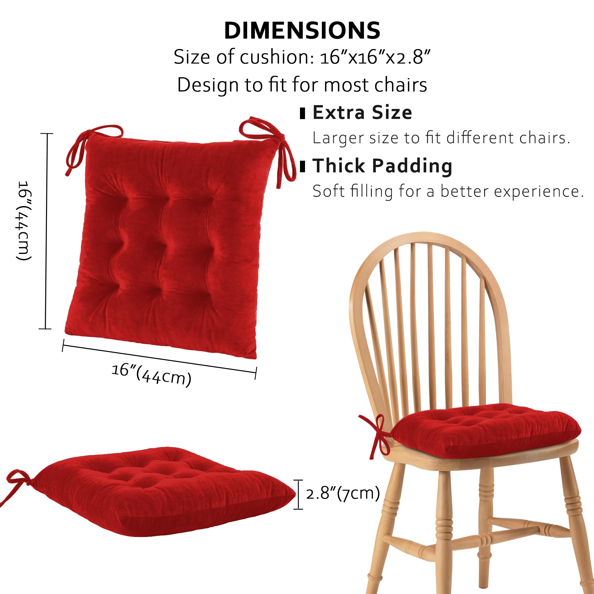 ELFJOY 4 Pack Red Velvet Dining Chair Cushions with Ties - Kitchen & Office Use