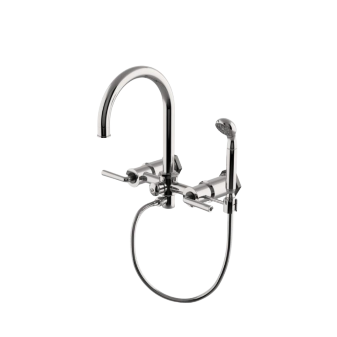 Waterworks Henry Exposed Wall Mounted Tub Filler with RW Atlas Handshower & Copper Metal Lever Handles - Luxury Bathroom Faucet for Modern & Vintage Bathrooms
