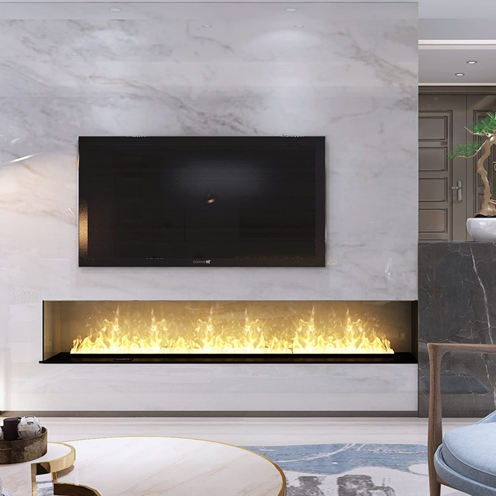 3D Simulation Electric Fireplace with Water Vapor Flame - Adjustable Flame Size & LED Light - Recessed Wall Mount Stainless Steel Frame - Perfect for Living Room, Bedroom & Office Heating & Decor