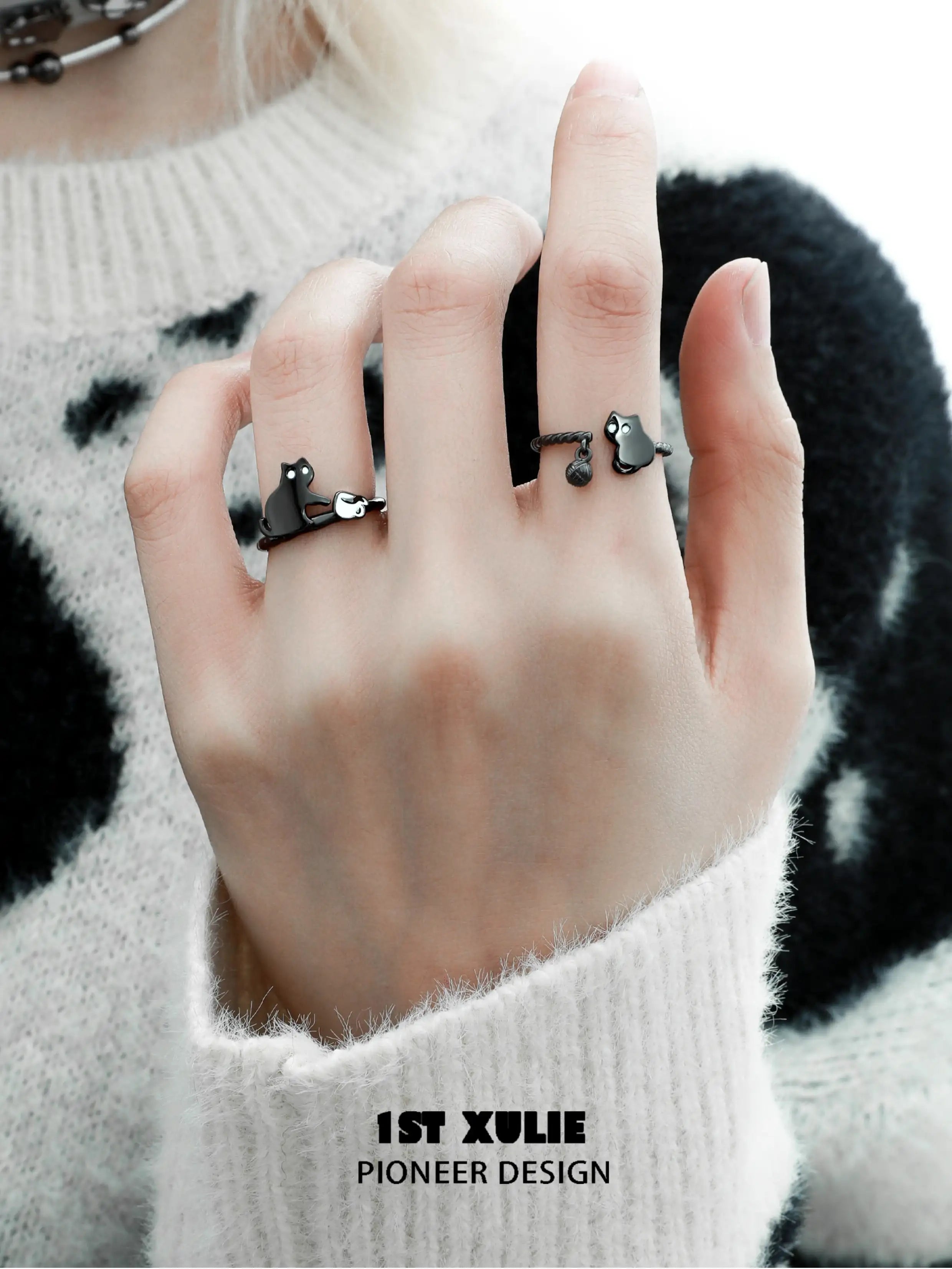 Black Cat Ghost Adjustable Sterling Silver S925 Thin Band Ring for Women - Perfect for Halloween, Gothic Fashion & Everyday Boho Jewelry