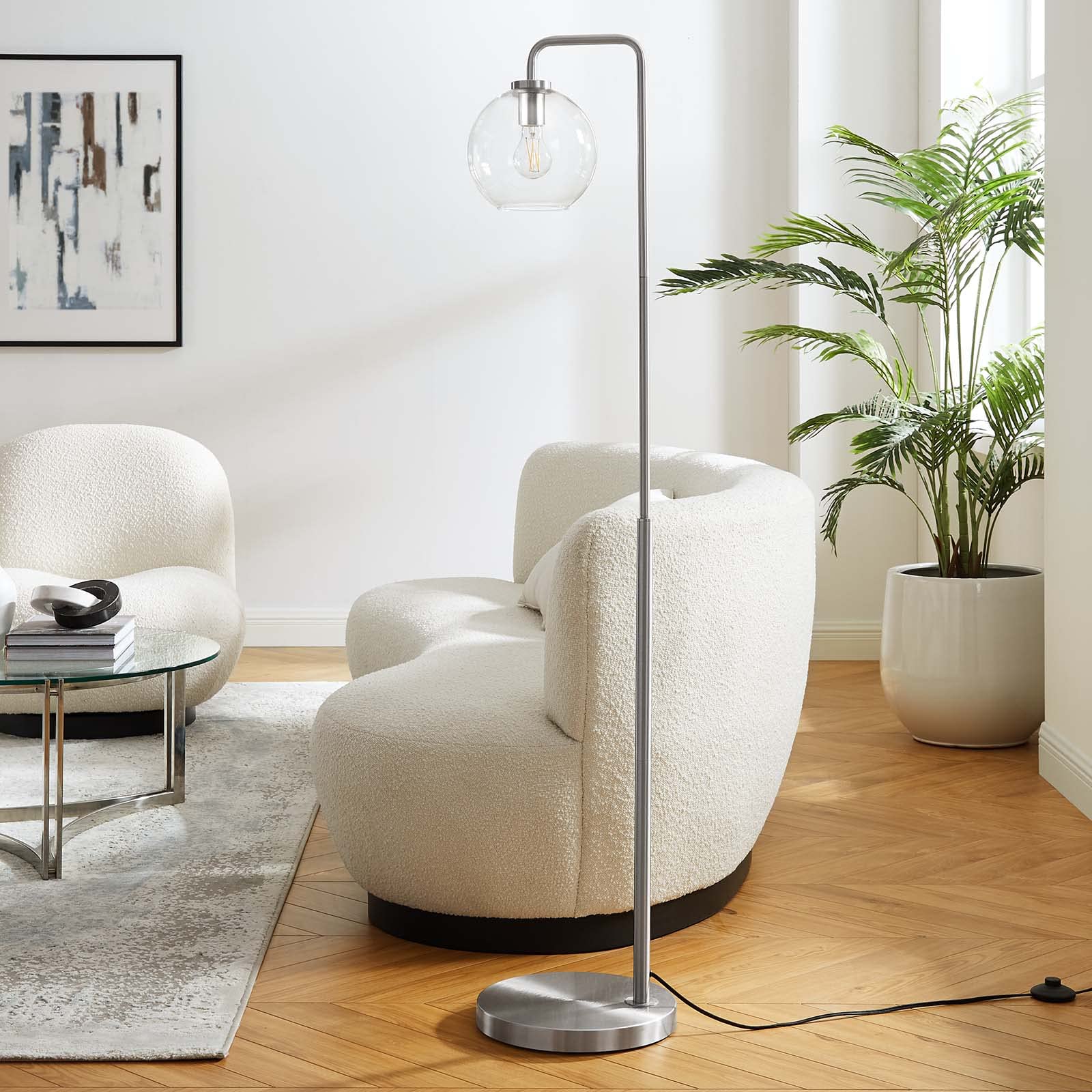 Modway Silo Glass Globe Floor Lamp - Modern Metal Base in Satin Nickel Finish for Living Room, Bedroom & Office Lighting