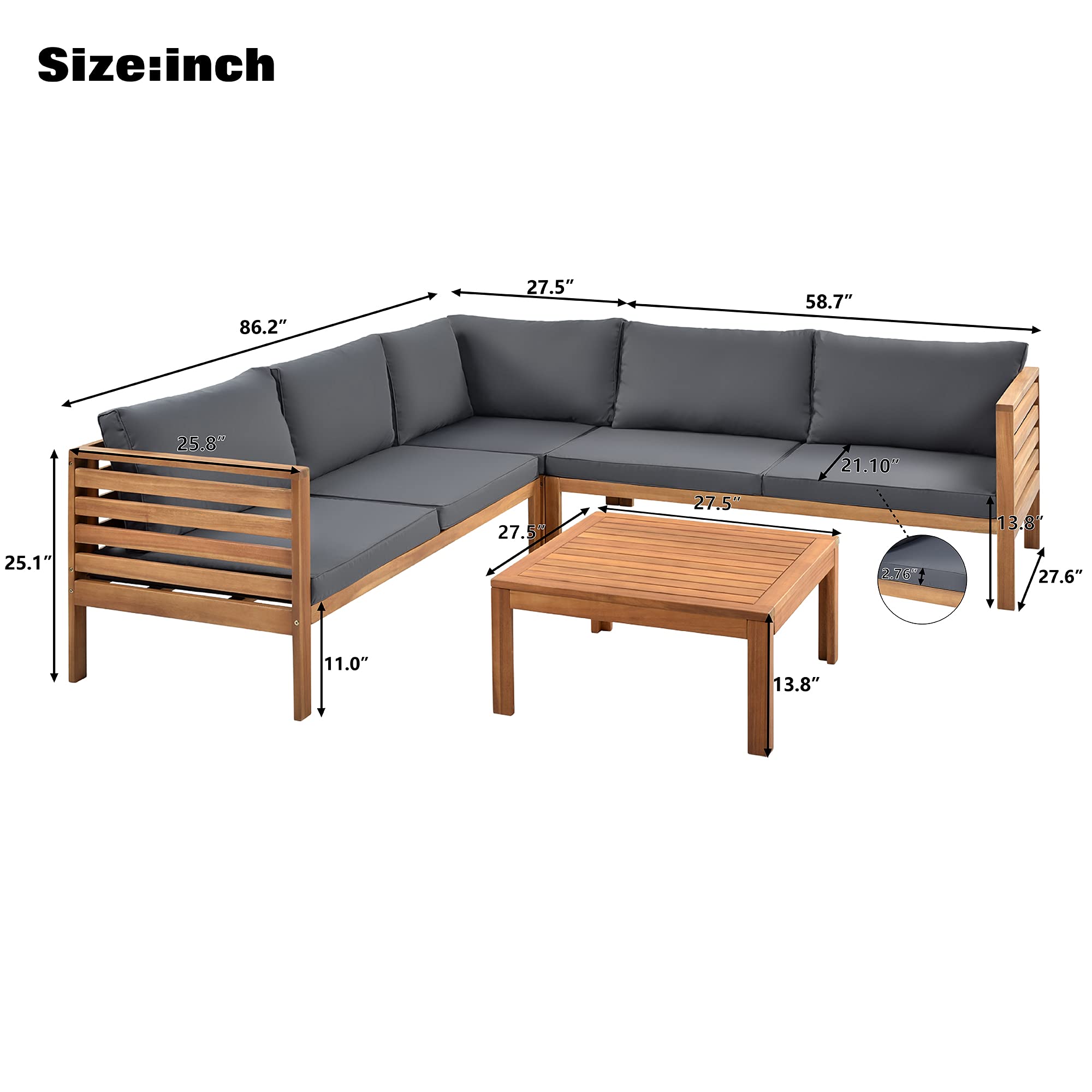Quarte 4-Piece Outdoor Patio Furniture Set - Wooden L-Shaped Sectional Sofa with Waterproof Cushions & Coffee Table - Perfect for Garden, Backyard, Poolside & Conversation Areas