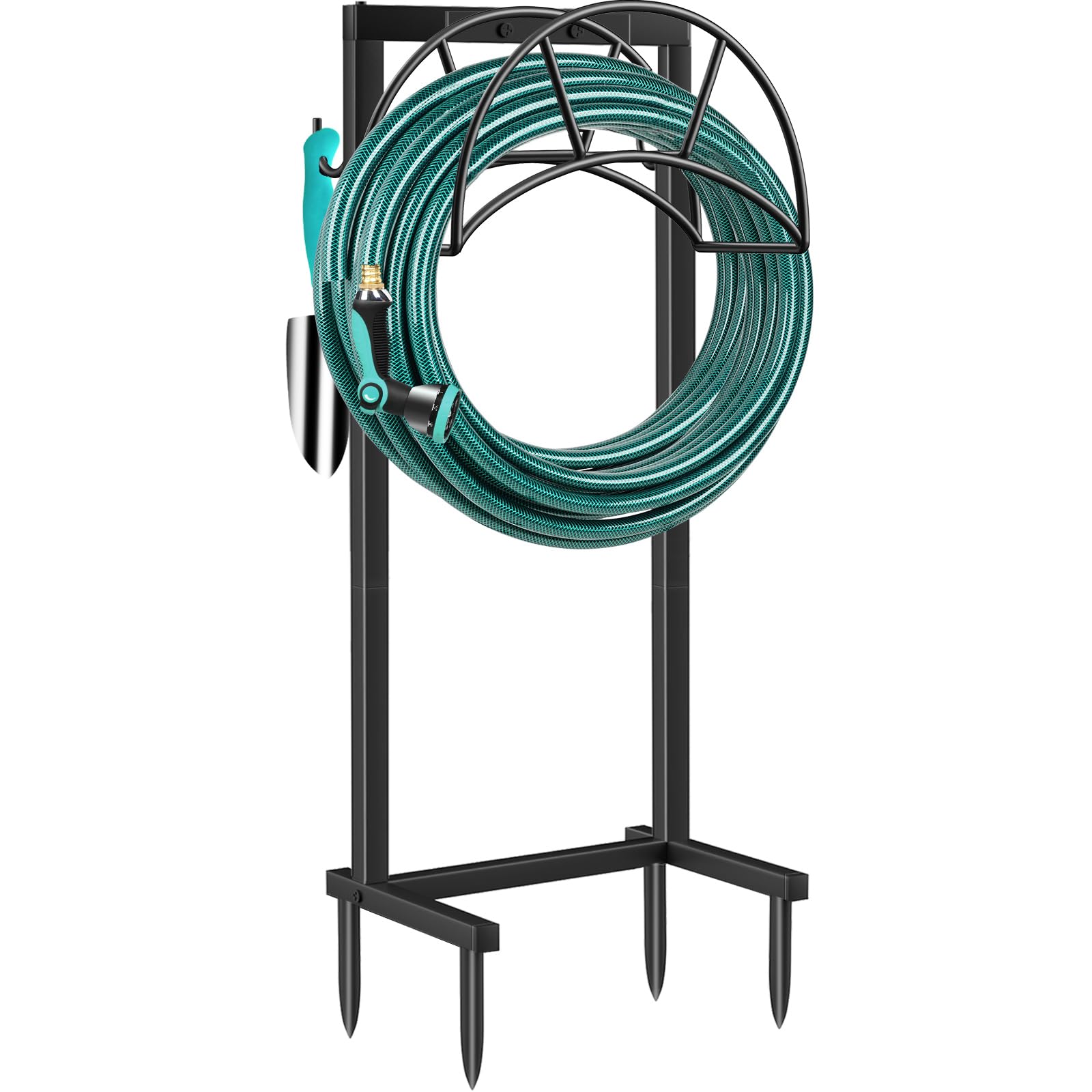 **TomCare 4-Spike Garden Hose Holder & Reel Stand - Heavy-Duty Hose Storage with Tool Hooks, Organizes Up to 150ft Hoses - Perfect for Yard, Lawn, and Outdoor Watering (Black)**    *(Ideal for garden maintenance, car washing, and outdoor water storage – keeps hoses tangle-free and tools within reach!)*