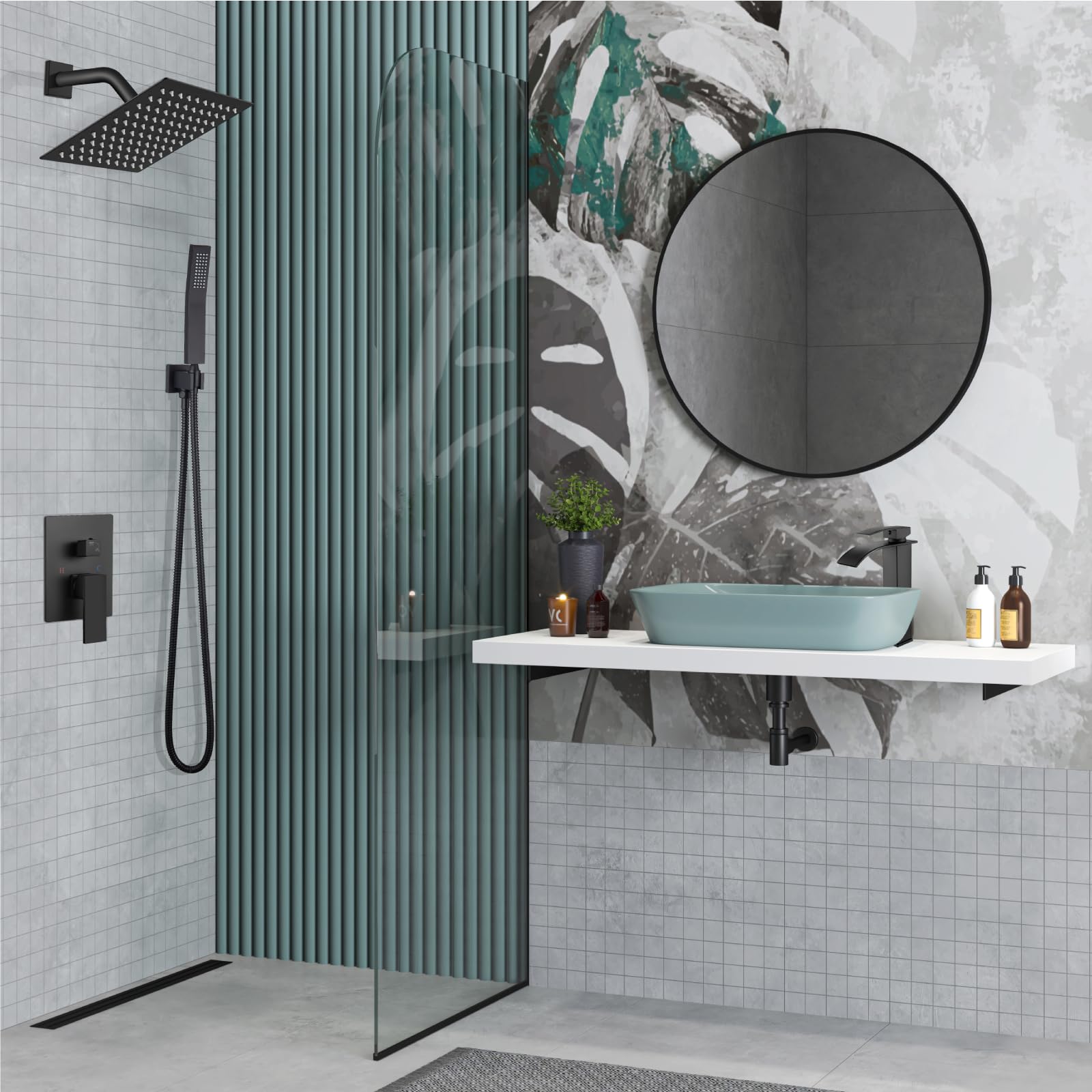 Midanya 8 Inch Matte Black Square Rainfall Shower System - Wall Mount Shower Head with Handheld Sprayer, Rough-in Valve & Bathroom Mixer Combo Set for Luxurious Spa Experience at Home