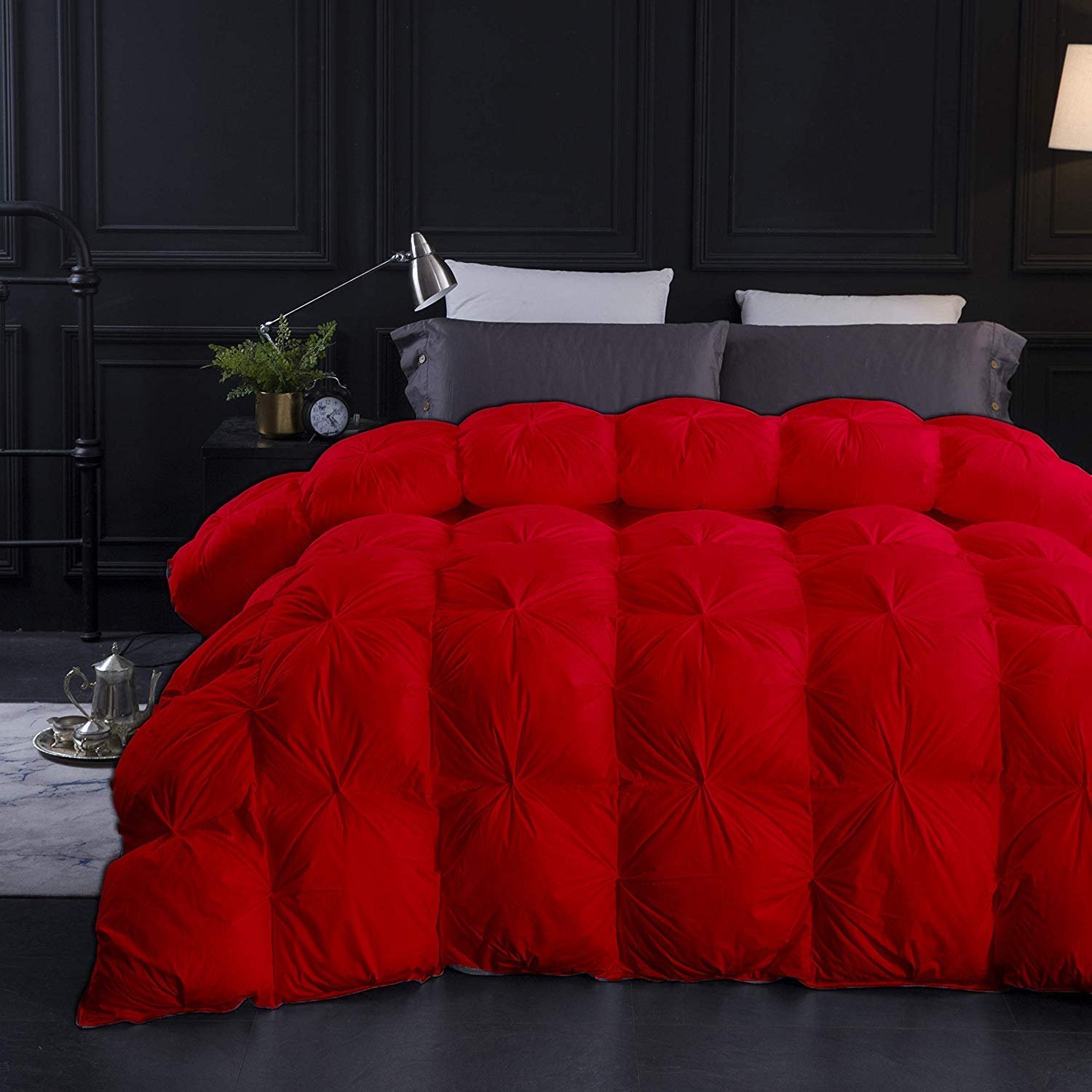 Luxury Pinch Pleated Comforter Set - 500 GSM Premium Cotton Queen Size Bedding with 2 Pillowcases (Red, 3-Piece) - Oversized Pin Tuck Alternative for Cozy Bedroom Decor & Guest Room Styling
