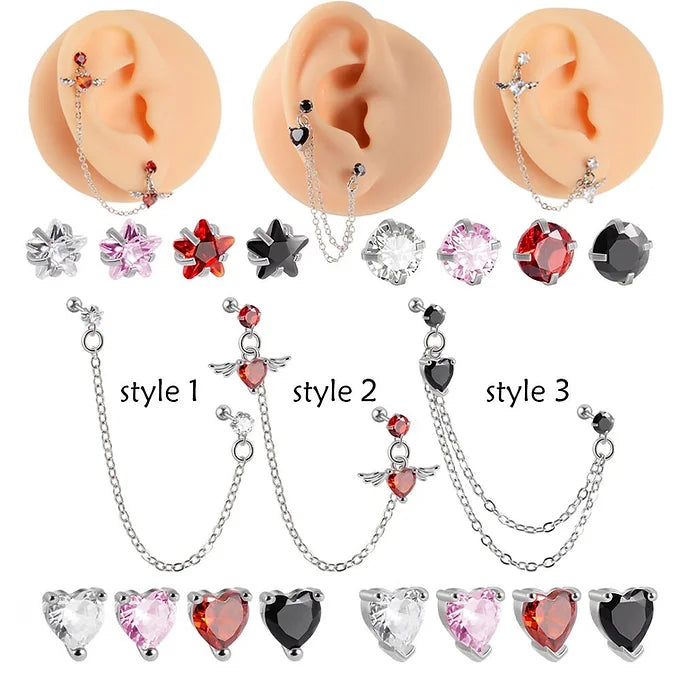 20G Surgical Steel Cartilage Chain Studs Double Piercing Earrings - DL044 | Hypoallergenic Body Jewelry for Helix, Tragus & Conch Piercings | Perfect for Everyday Wear & Special Occasions
