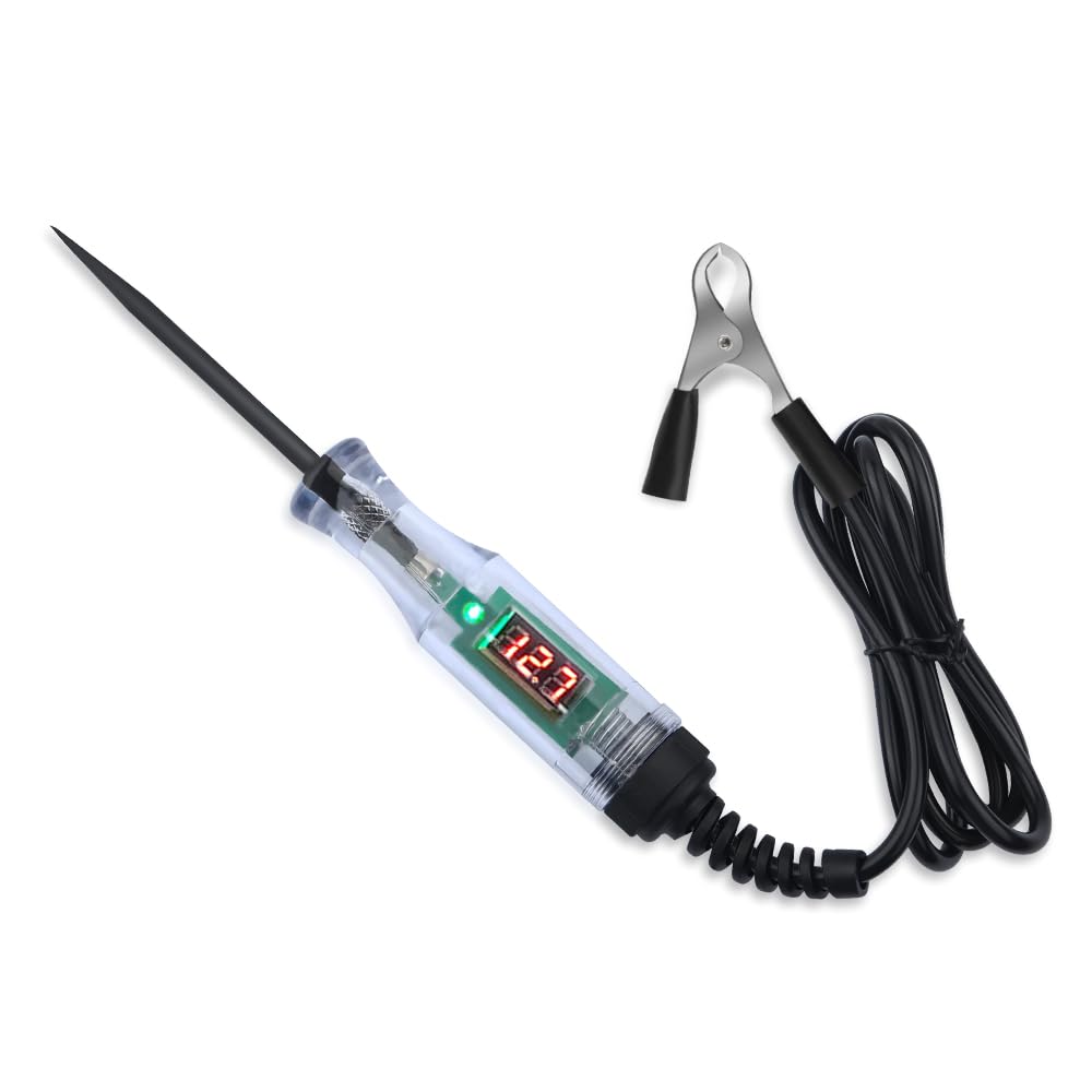 Digital LED Car Voltage Tester Pen 3-48V DC with Alligator Clip & Spring Cable - Automotive Circuit Tester for Fuses, Electrical Diagnostics & Vehicle Maintenance (Black) - Perfect for Mechanics, DIY Car Repairs & Home Electrical Testing