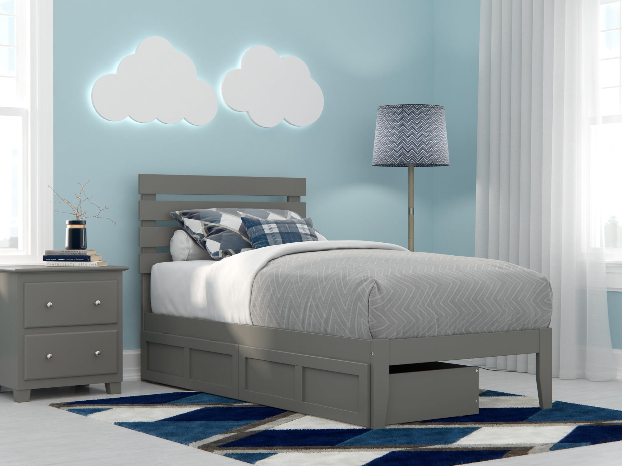 Atlantic Furniture Oxford Twin Bed with USB Turbo Charger & 2 Storage Drawers - Grey Modern Platform Bed for Small Spaces, Kids Room or Guest Bedroom