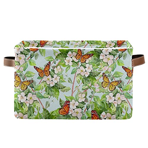 Collapsible Storage Basket with PU Handles - Waterproof Green Leaves & Butterflies Design - 2 Pack Organizer Baskets for Nursery, Laundry, Closet & Home Organization
