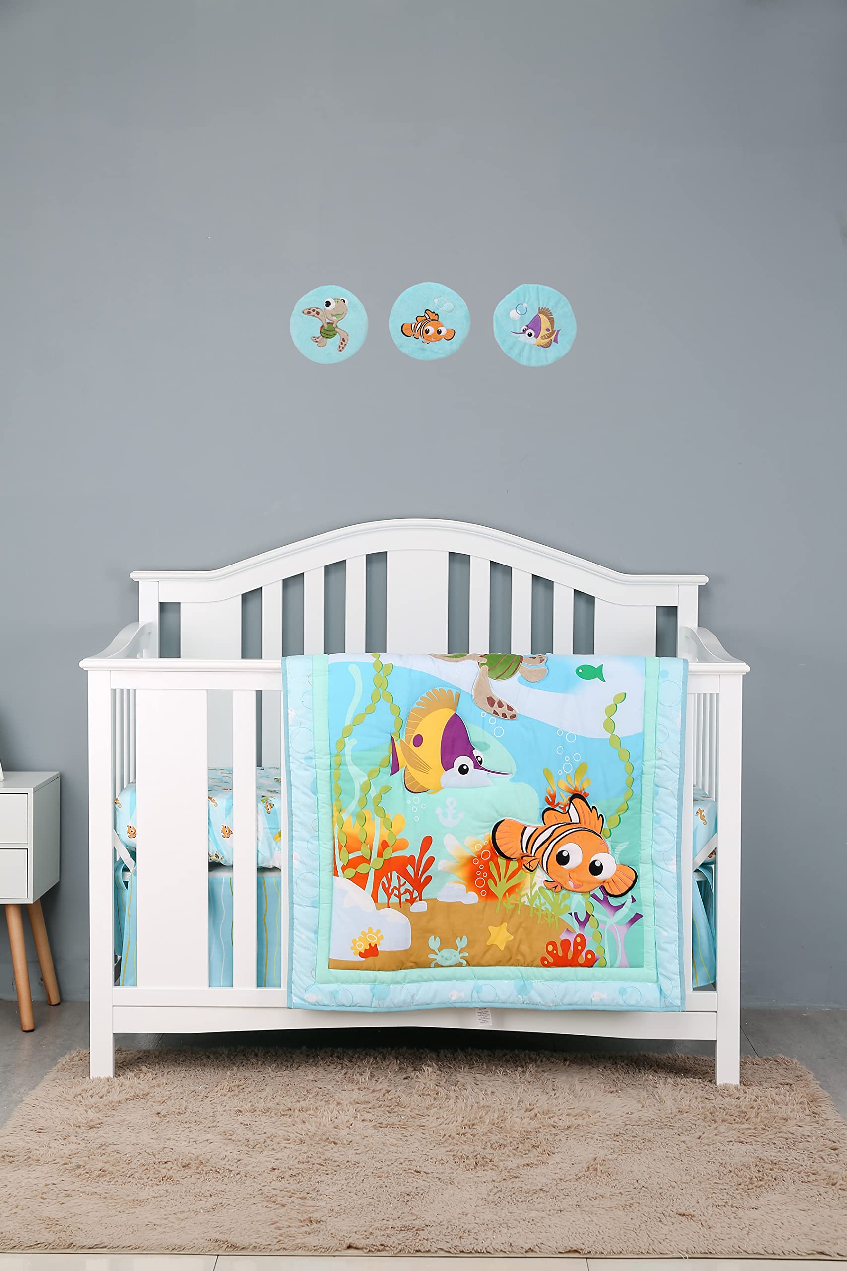 6-Piece Blue Ocean Theme Baby Boy Nursery Crib Bedding Set with Turtle & Clown Fish Embroidery - Includes Quilt, Fitted Sheet, Skirt & 3 Canvas Wall Decor (Blue, Brown, Green, Orange, 28x52 Inches) - Perfect for Coastal Nursery, Underwater Theme Bedroom & Newborn Gift