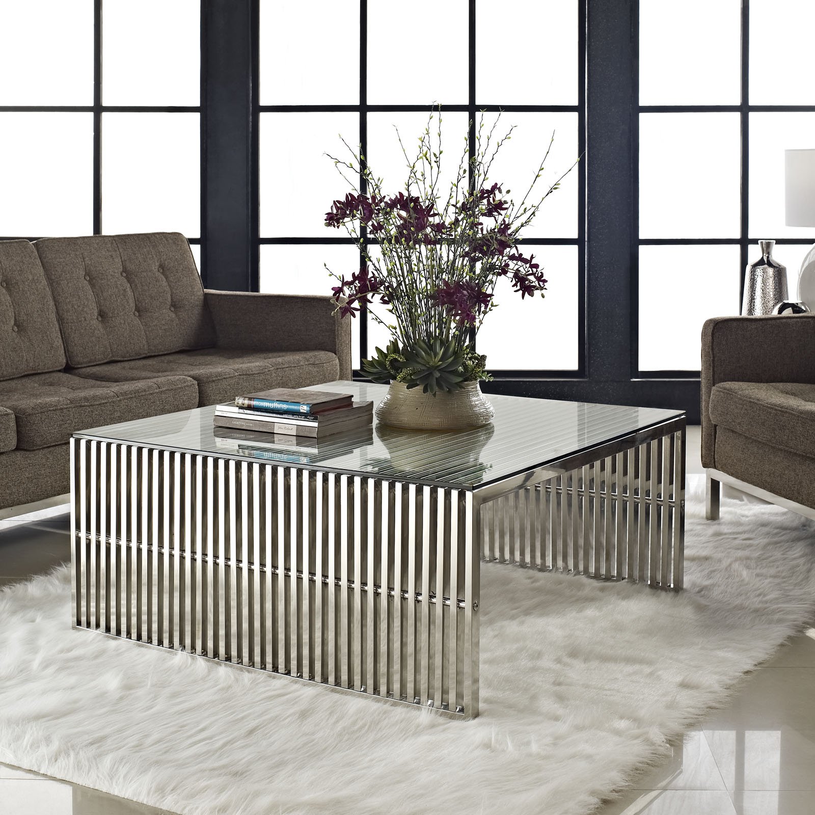 Modway Gridiron Modern Stainless Steel Coffee Table with Tempered Glass Top - Perfect for Living Room, Lounge & Office Decor