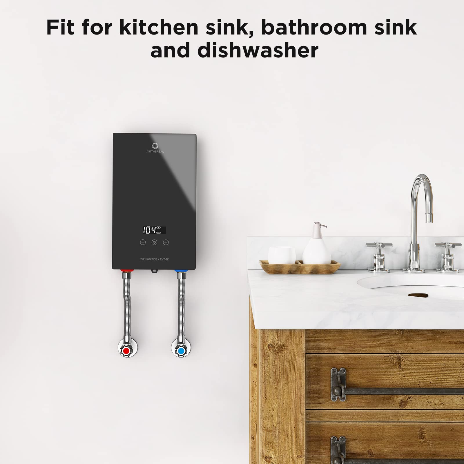 Airthereal 8kW 240V Tankless Electric Water Heater - Endless On-Demand Hot Water, Energy Saving Self-Modulating Technology - Perfect for Kitchen Sink, Bathroom Faucet & Small Household Use (Evening Tide Series)