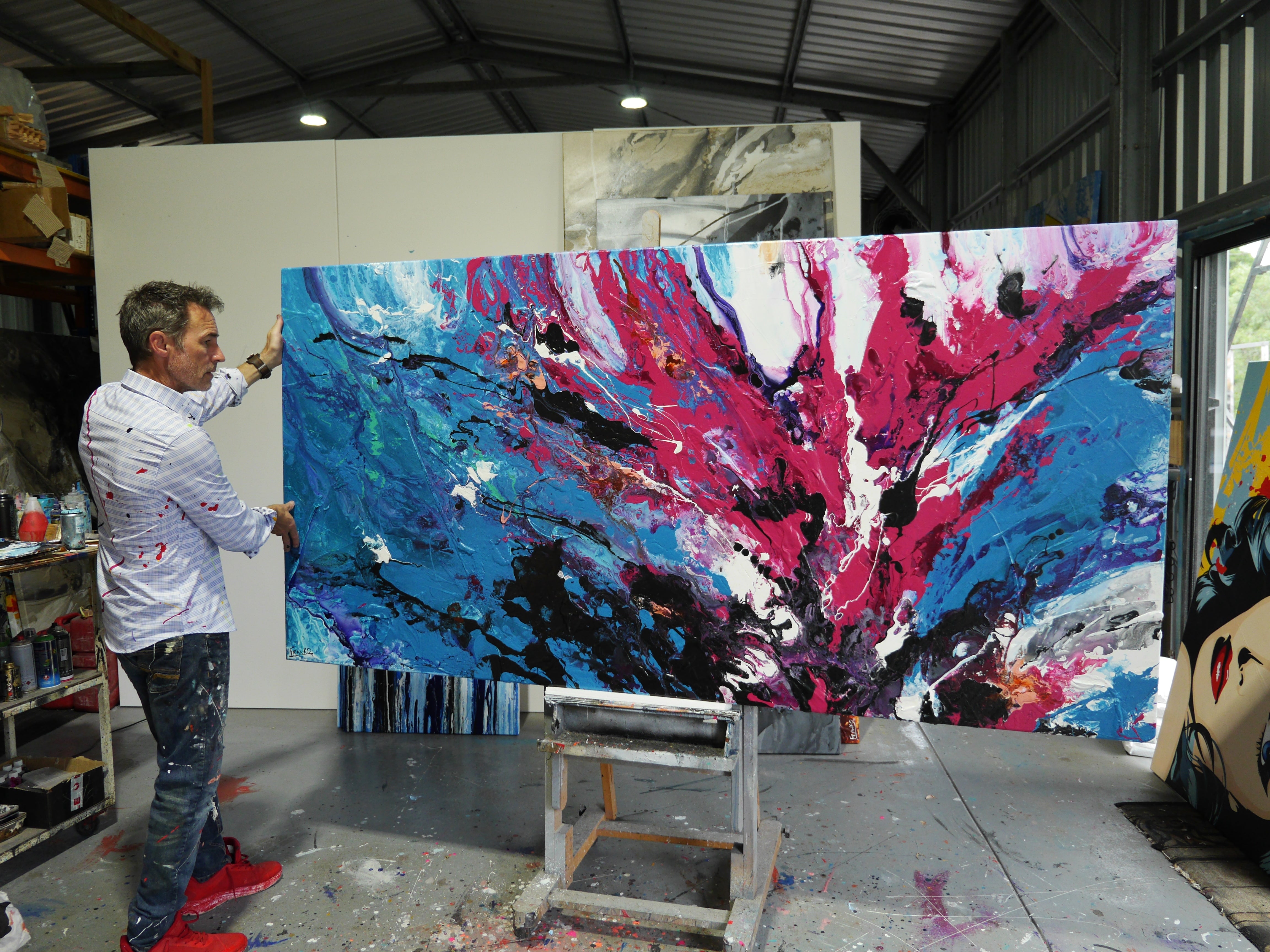 Bloom 240cm x 120cm Blue Pink Textured Abstract Canvas Art - Modern Wall Decor for Living Room, Bedroom & Office
