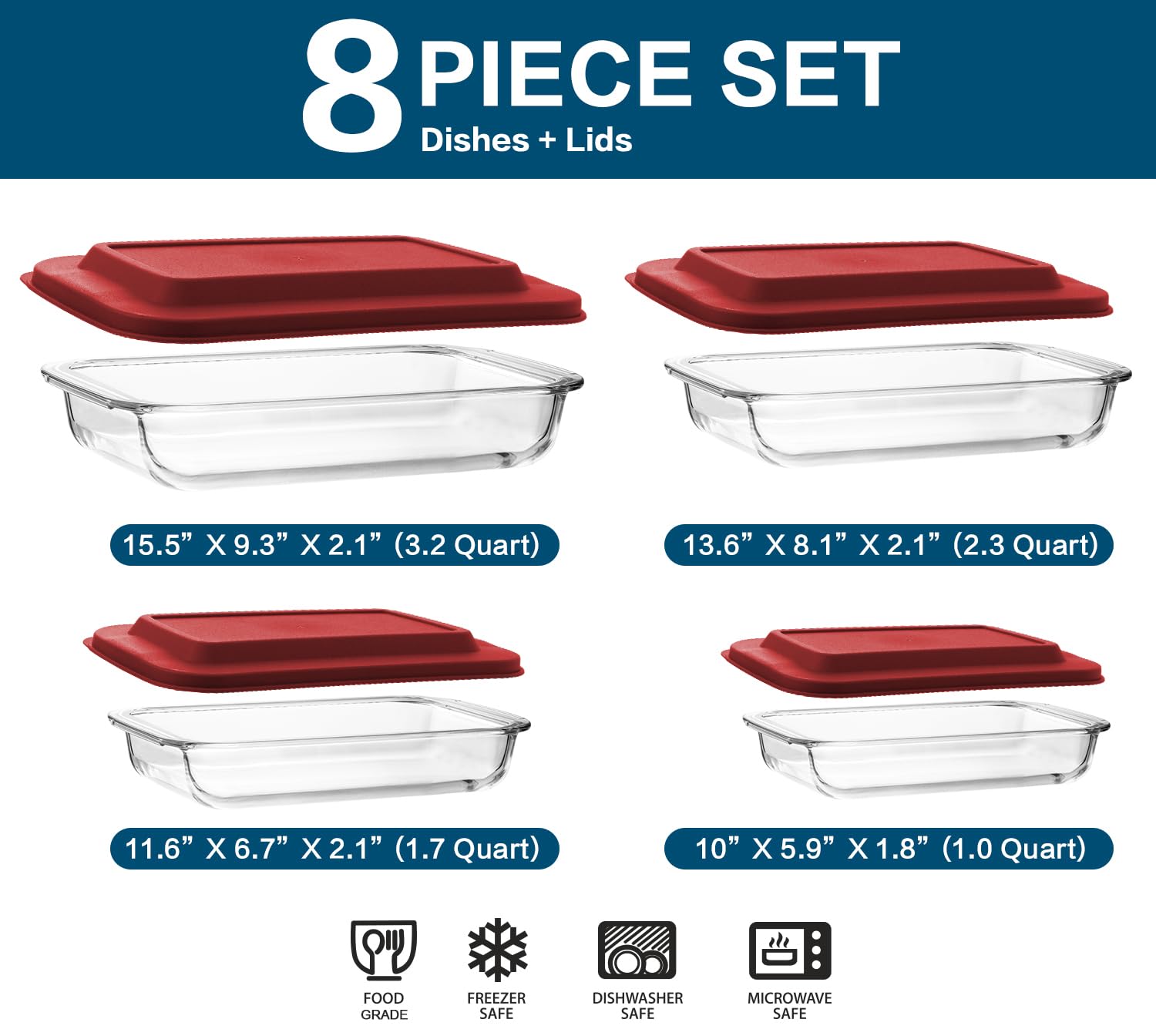 8-Piece Rectangular Glass Baking Dish Set with Plastic Lids - Oven, Freezer & Dishwasher Safe Bakeware for Lasagna, Casseroles, Meal Prep & Leftovers - Perfect for Home Cooking, Baking & Food Storage