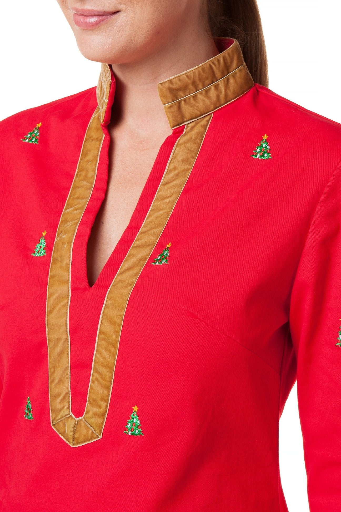 Women's Stretch Twill Tunic Top in Bright Red with Christmas Tree Print - Perfect for Holiday Parties & Festive Outfits