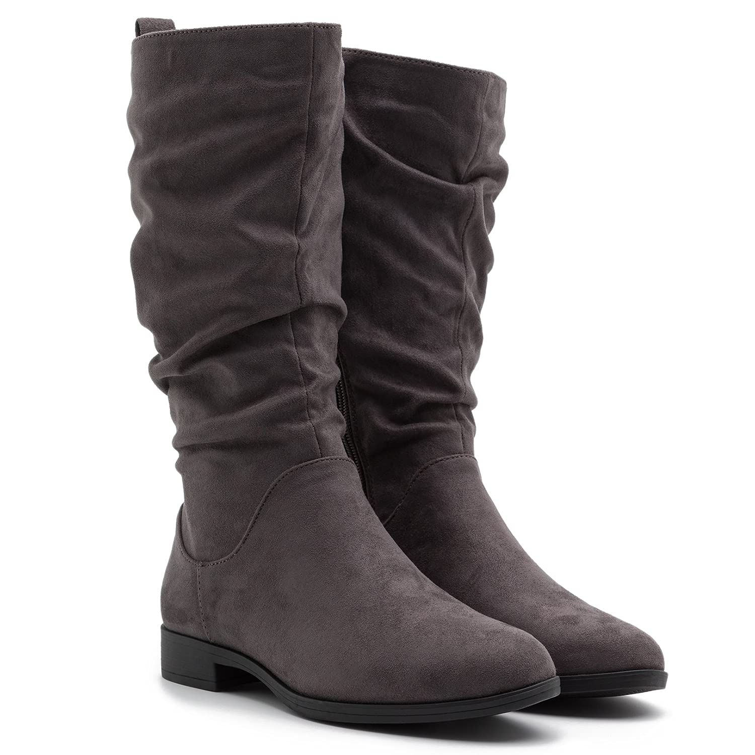 MOOMMO Women's Suede Mid Calf Slouch Boots - Flat Heel Winter Boots with Side Zipper, Round Toe & Wide Calf Design (US 4-13) | Retro Casual Comfy Boots for Everyday Wear, Office & Winter Outfits