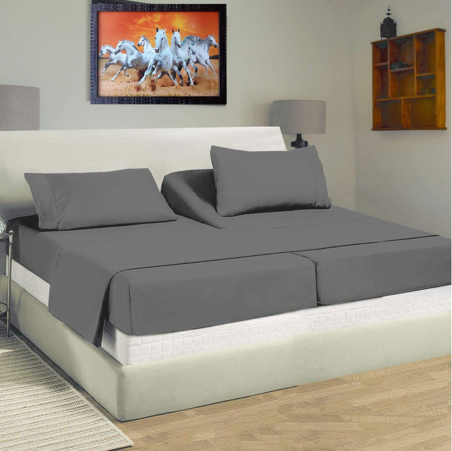 5-Piece Split Queen Sheet Set for Adjustable Beds - 100% Cotton Deep Pocket (12-15 Inch) Dark Grey Solid - Perfect for Sleep Number, Adjustable & Split King Beds - Ultra Soft & Breathable Bedding for Better Sleep