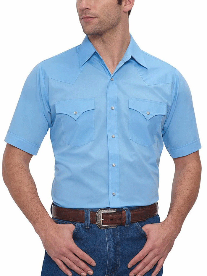 Ely Cattleman 15201605 82 Men's Light Blue Short Sleeve Western Shirt - Comfortable Cowboy Style for Rodeo, Ranch Work & Casual Wear