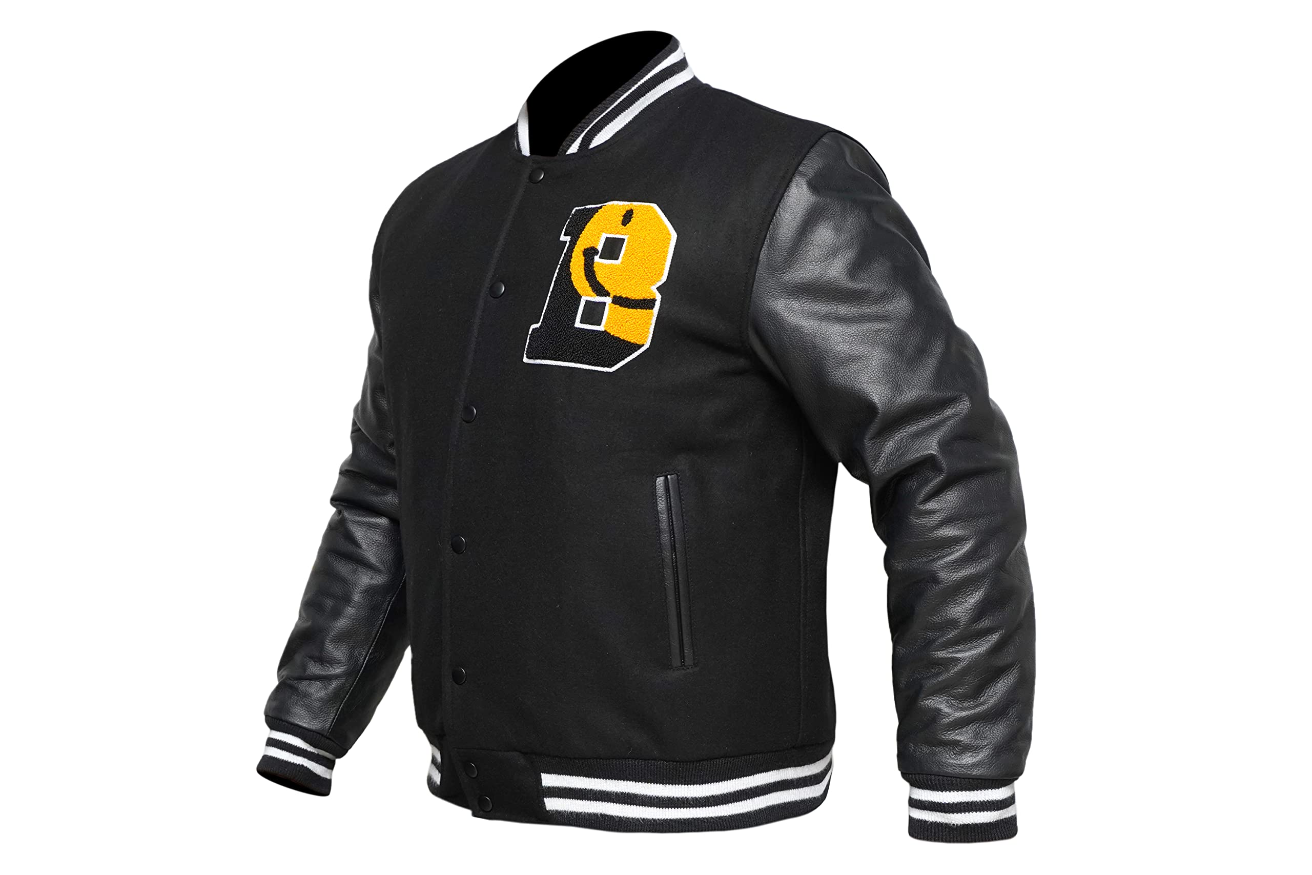 Smiley Varsity Jacket - Premium Black Wool & Genuine Leather Sleeves Baseball Letterman Bomber for Men & Women | Perfect for School, College, Sports Events & Casual Streetwear